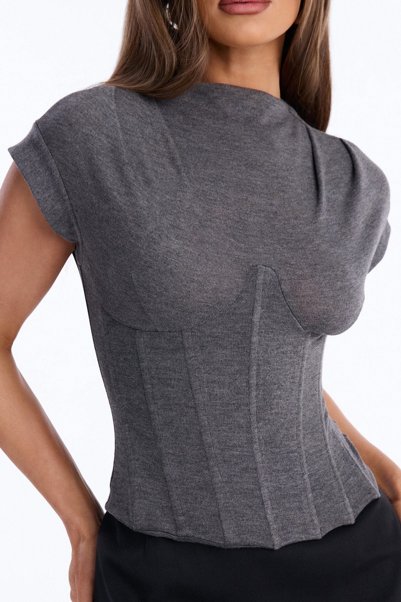 Serene Sculpt Mock Neck Short Sleeve Corset Top - Charcoal image 3