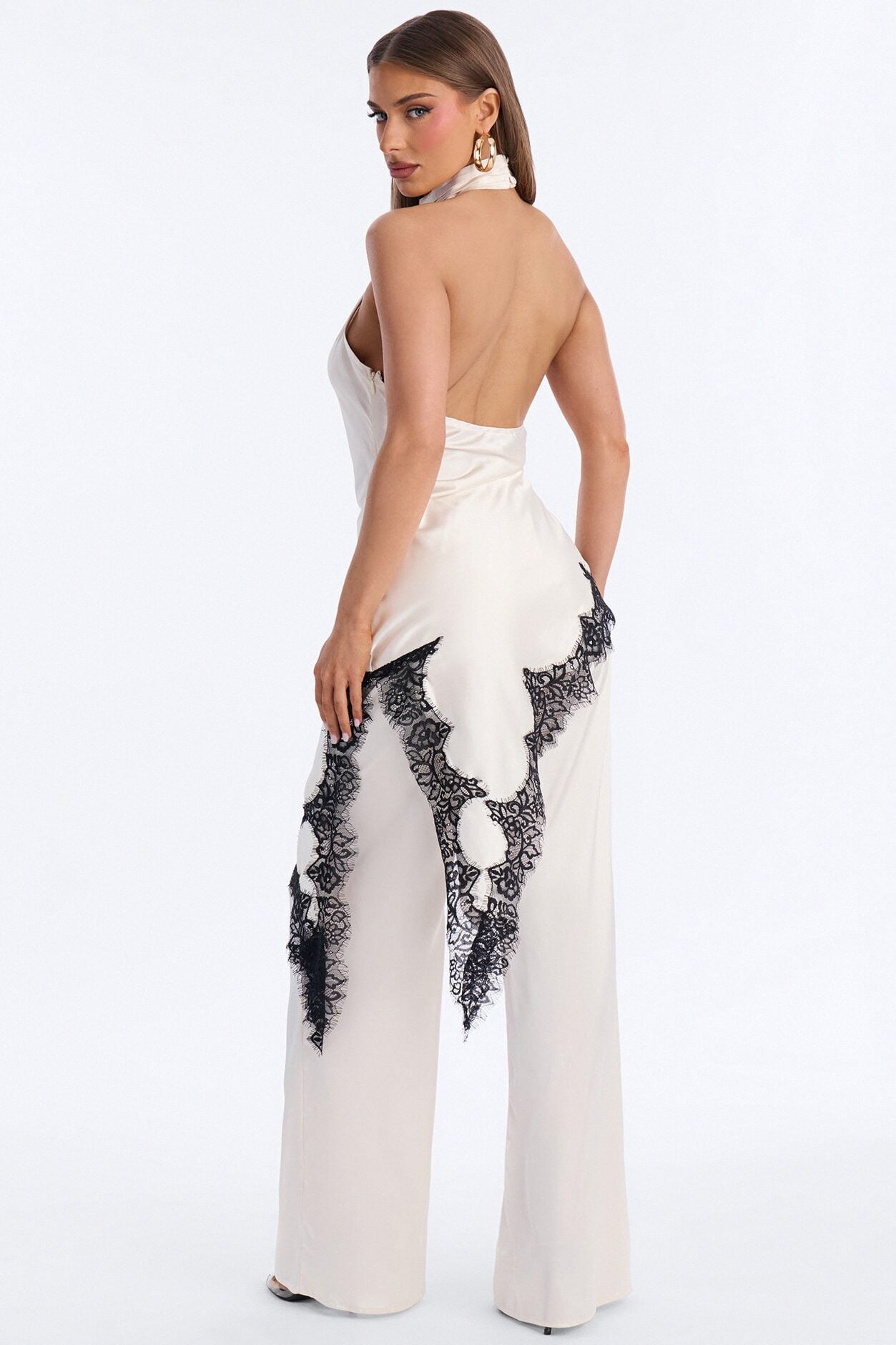 Angela Satin Lace Trim Pant Set - Cream image 4