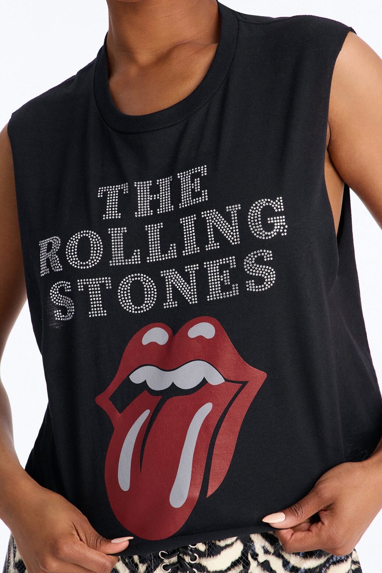 The Rolling Stones Cropped Muscle Tee With Rhinestones - Black image 3