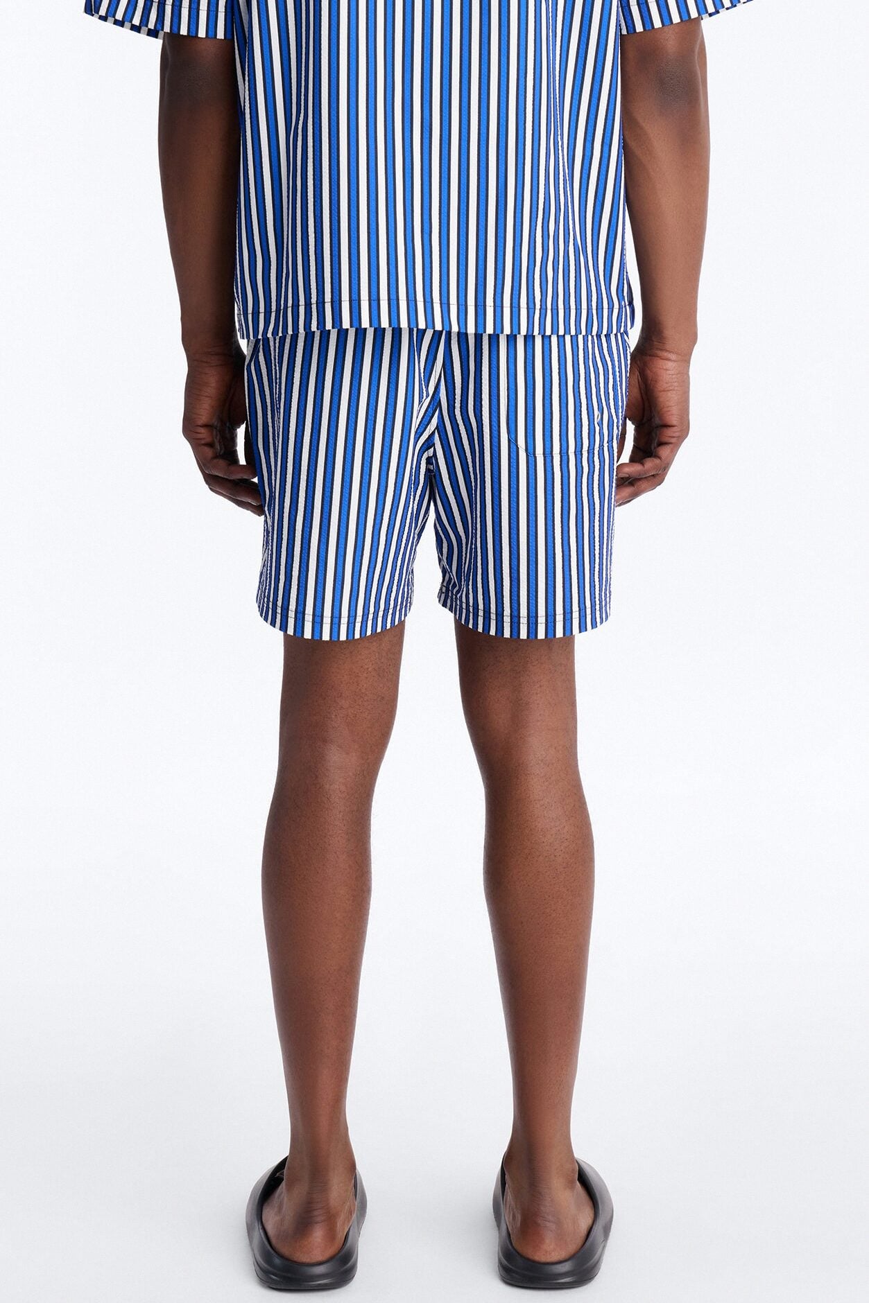 Palm Haven Striped Seersucker Swim Trunk 6″ - Blue image 5