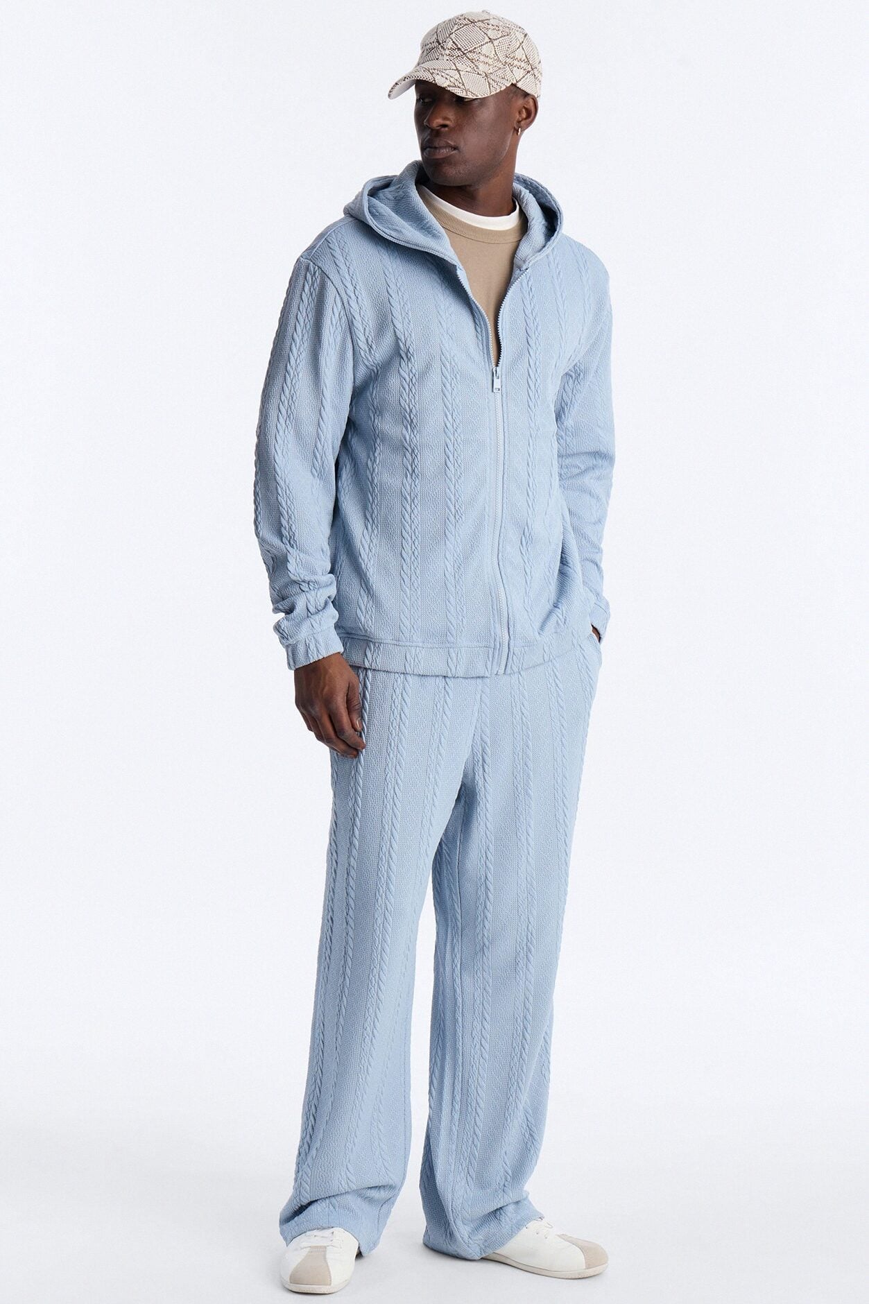 Textured Cozy Braided Hooded Jacket - Blue image 2