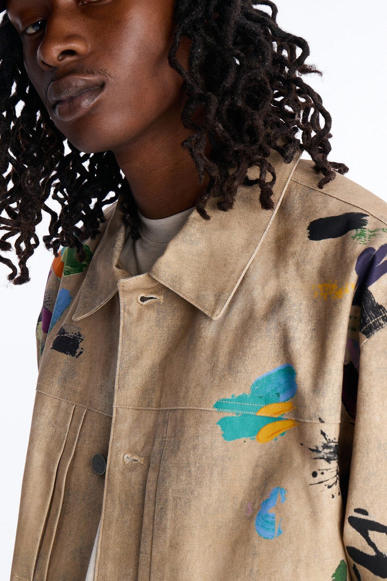 Cropped Culture Society Paint Splatter Boxy Work Jacket - Khaki image 3