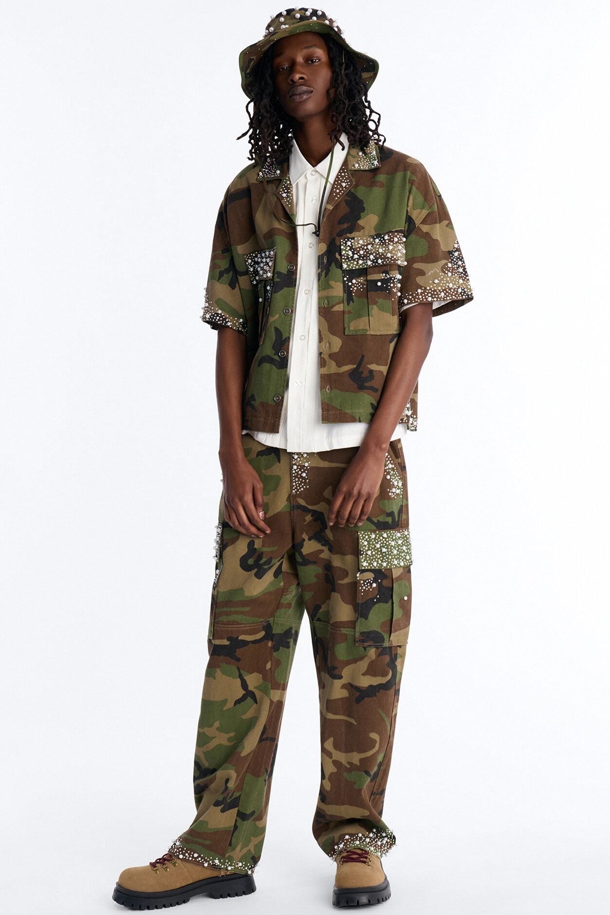 Cropped Pearl World Embellished Shirt - Camouflage image 2