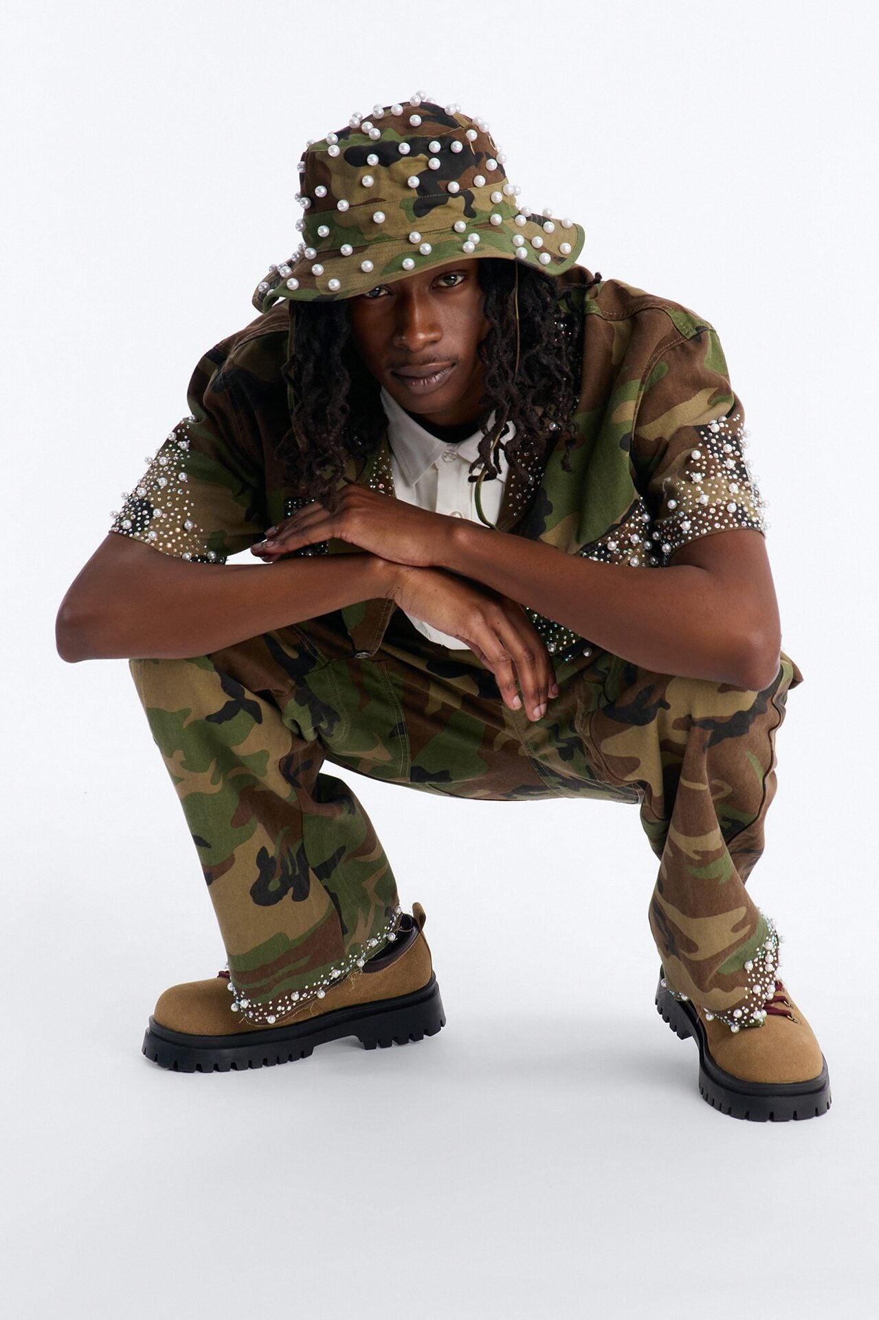 Cropped Pearl World Embellished Shirt - Camouflage image 4