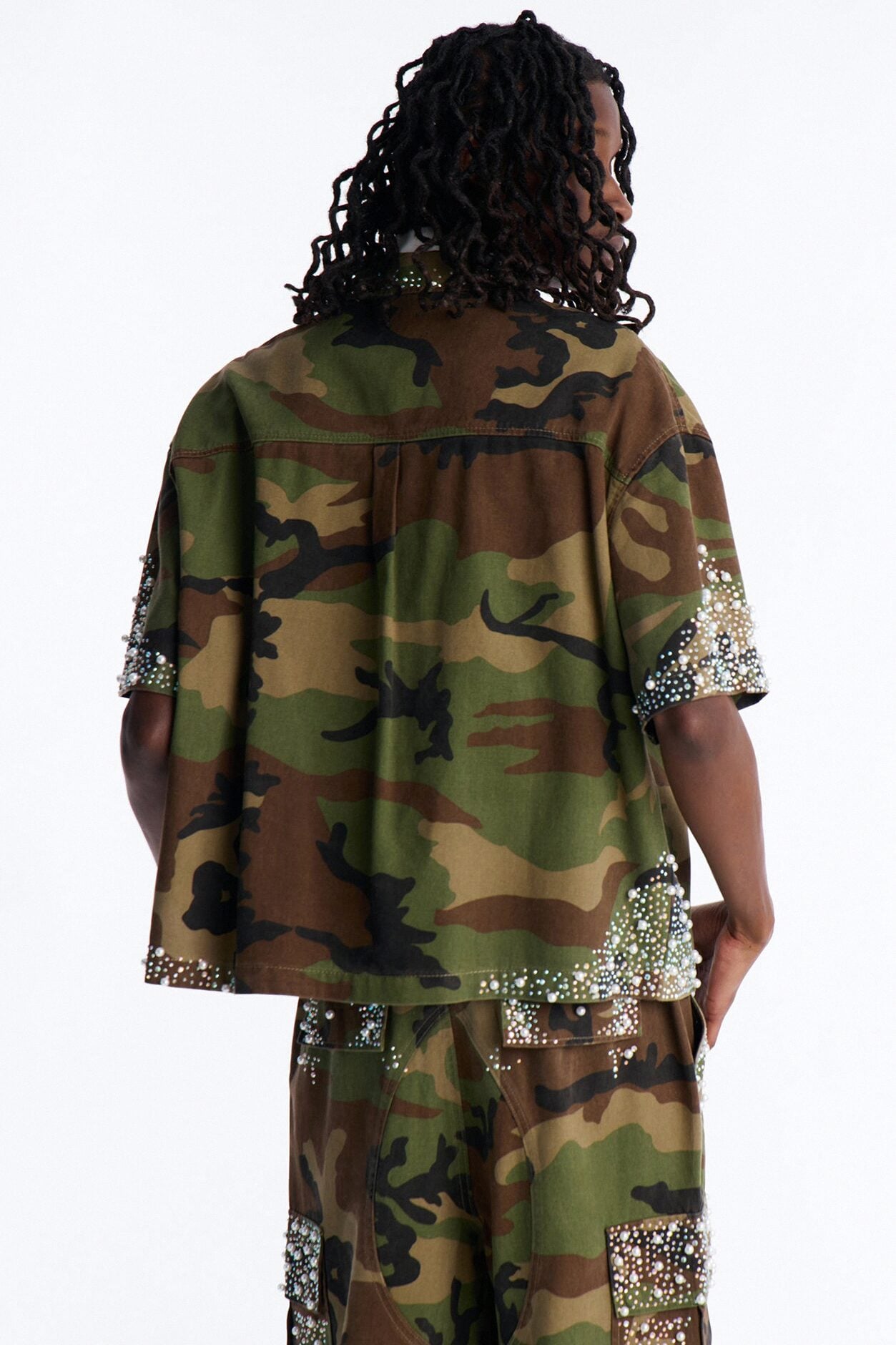 Cropped Pearl World Embellished Shirt - Camouflage image 5