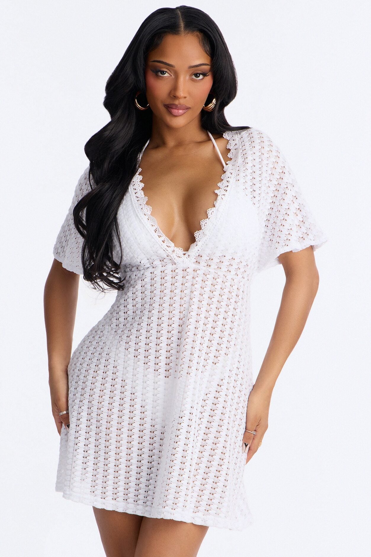 Palm Tree Shade Swim Cover Up Mini Dress - White image 2