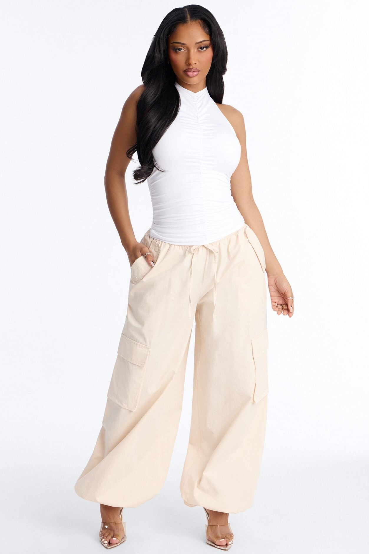 Contour Double Lined Ruched Backless Halter Top - White image 2