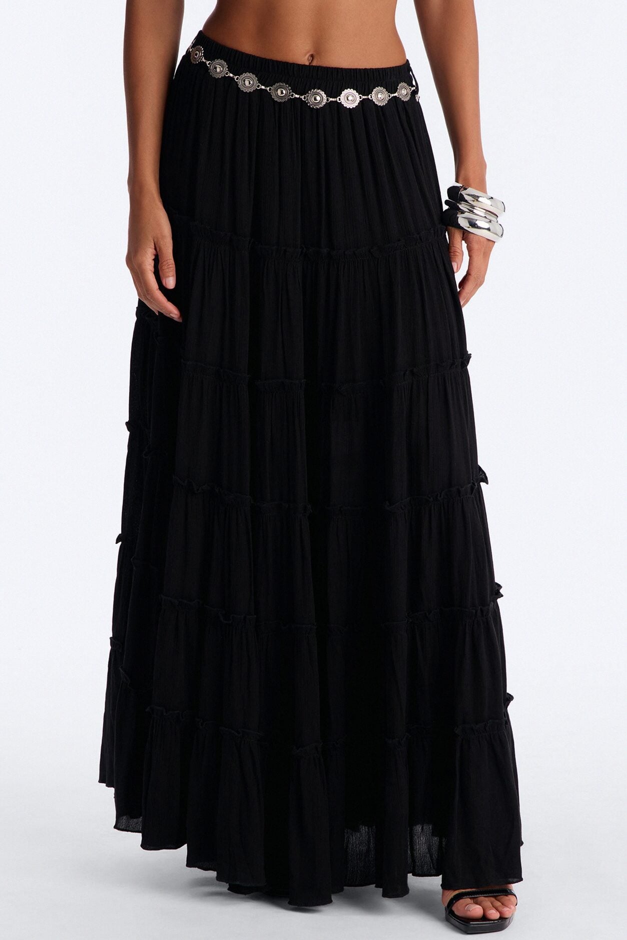 Free Spirit Low Rise Belted Tiered Maxi Skirt - Black image 2
