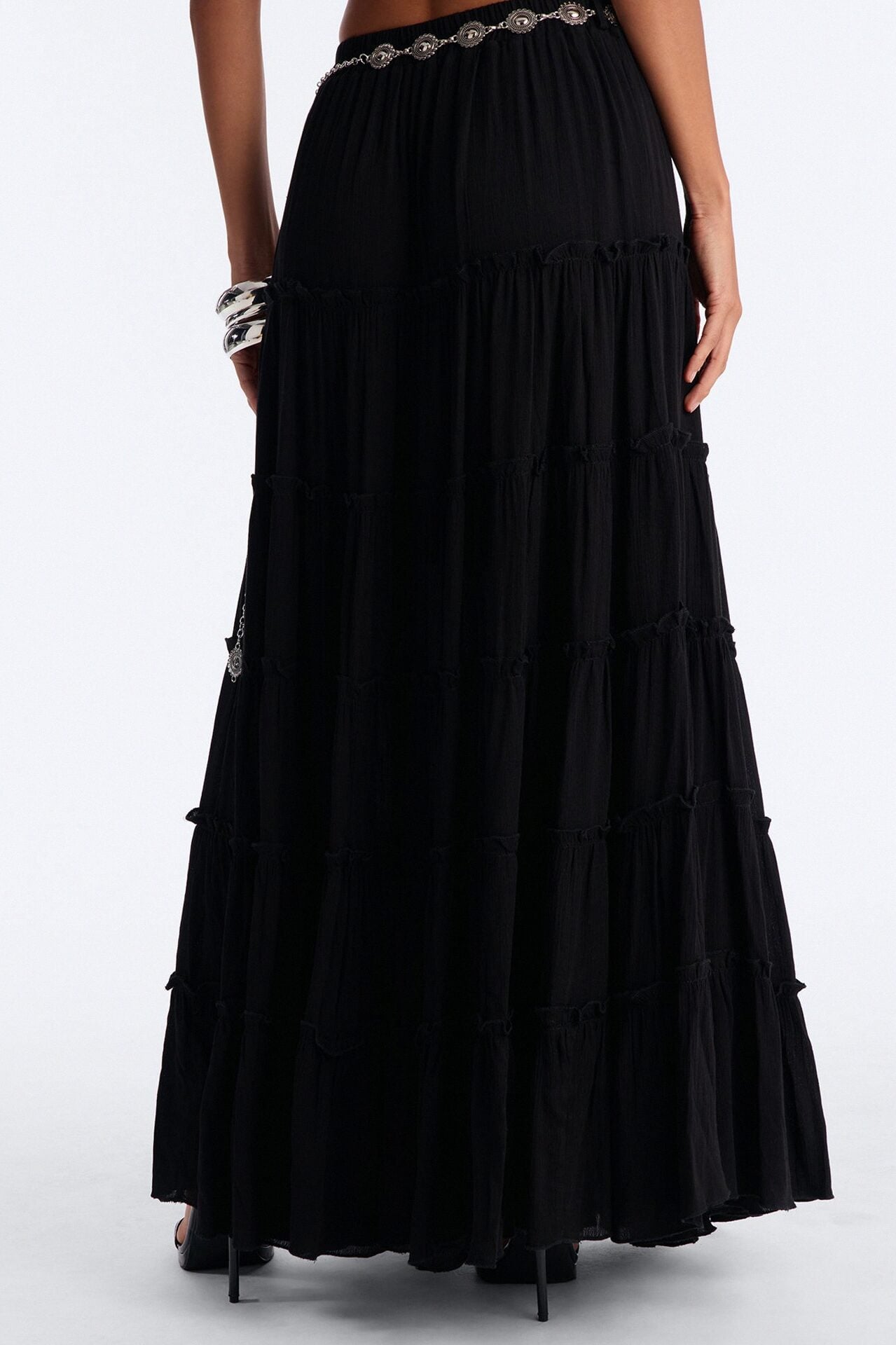 Free Spirit Low Rise Belted Tiered Maxi Skirt - Black image 4