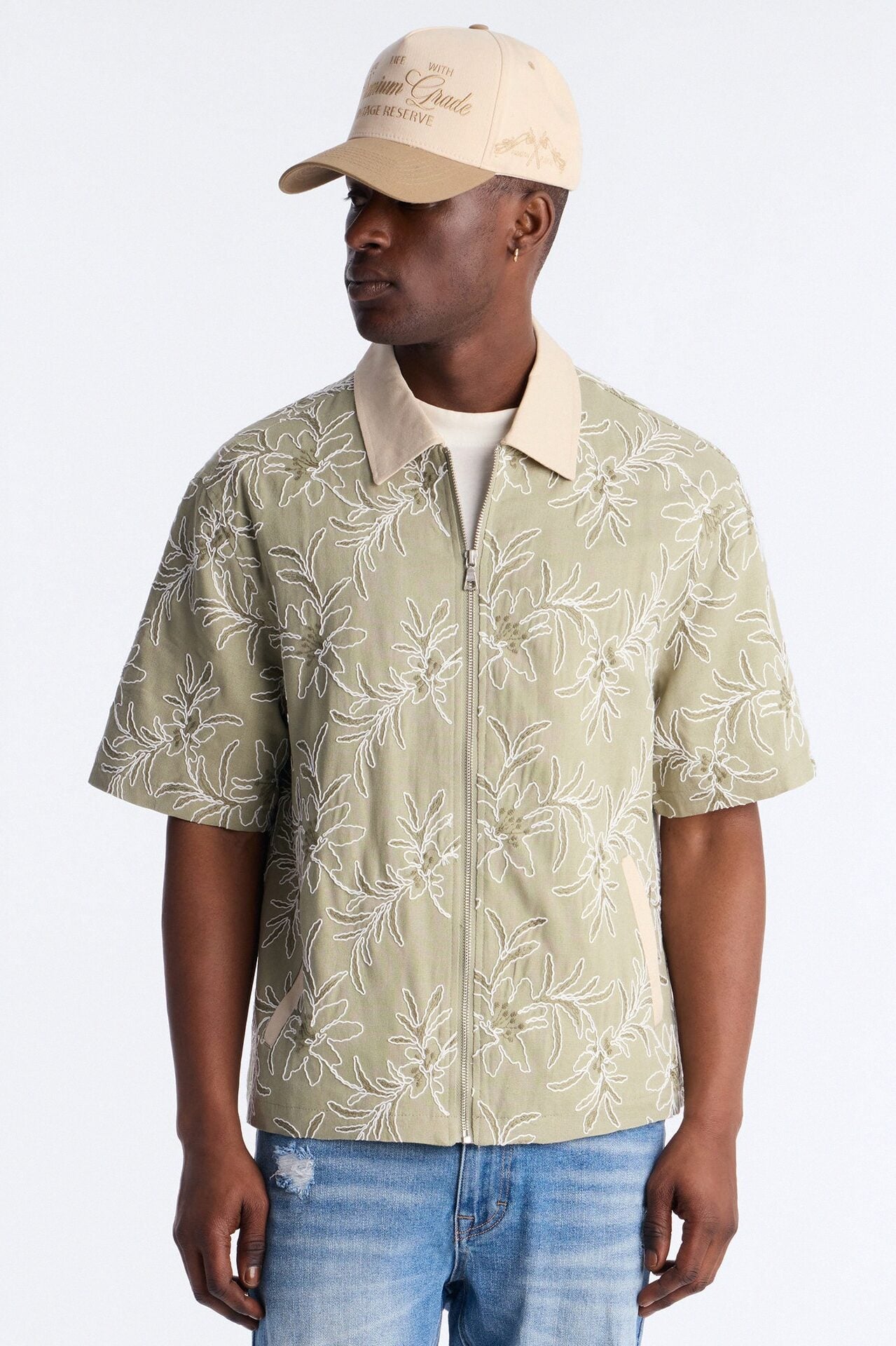 Relaxed Island Riot Embroidered Zip Shirt - Olive image 2