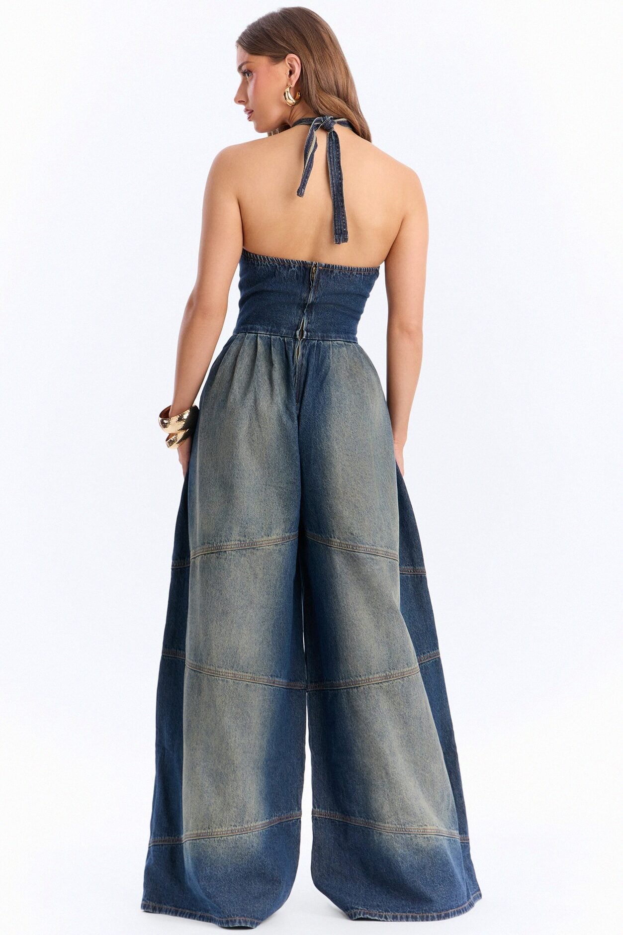Bella Extreme Wide Leg Washed Denim Jumpsuit - Dark Wash image 4