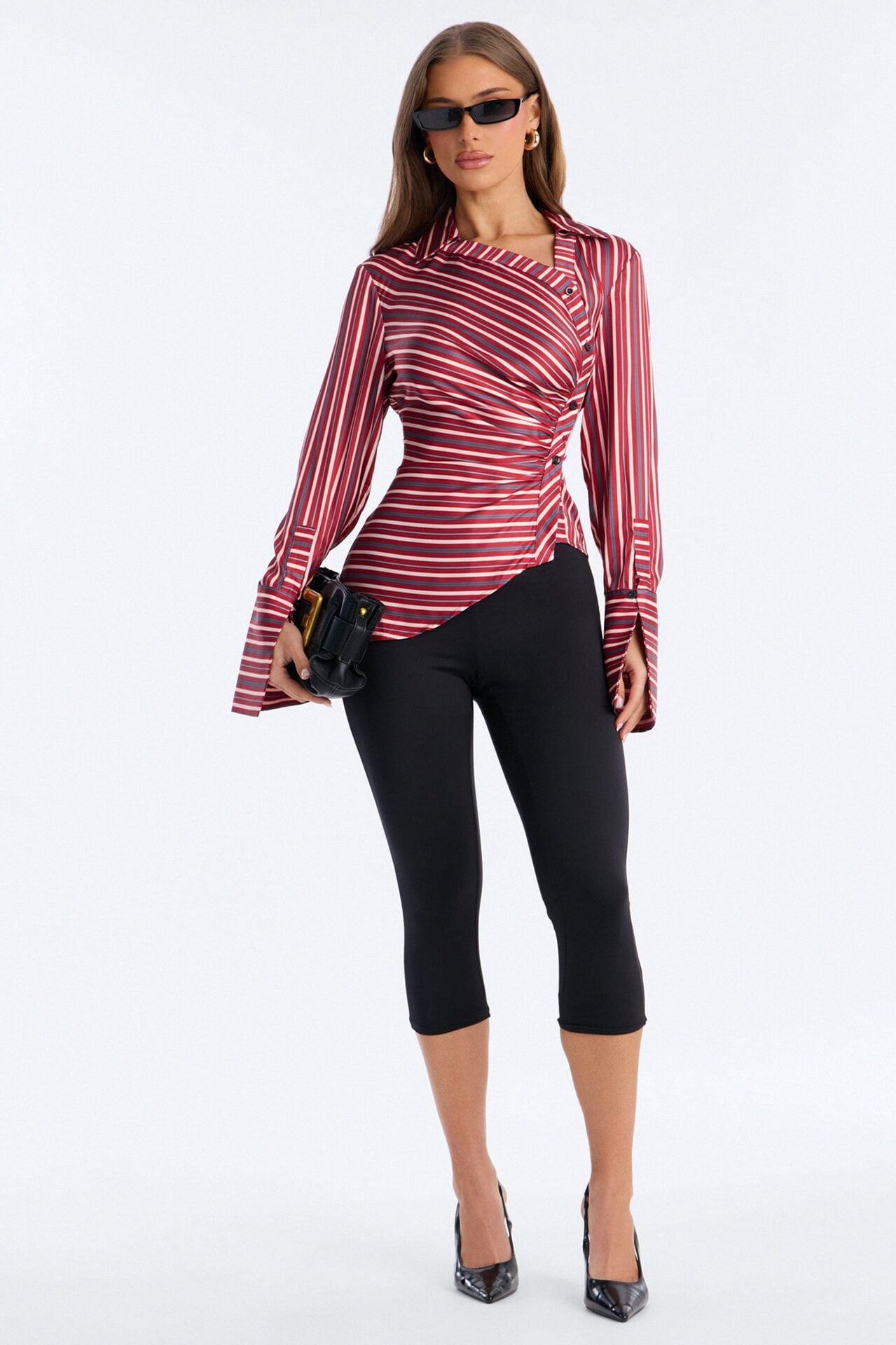Office Cool Asymmetrical Striped Satin Shirt - Red/combo image 2