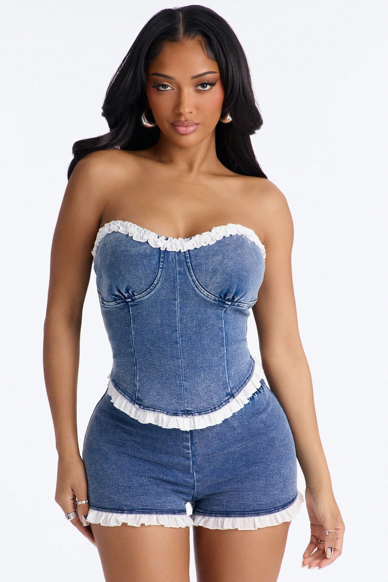Dixie Ruffled Denim Short Set - Medium Wash image 2