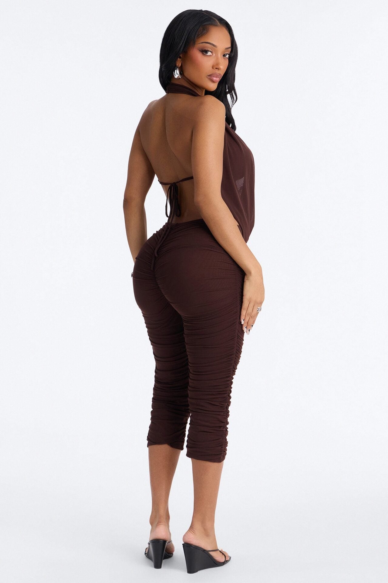 Shayla Ruched Mesh Capri Jumpsuit - Chocolate image 4