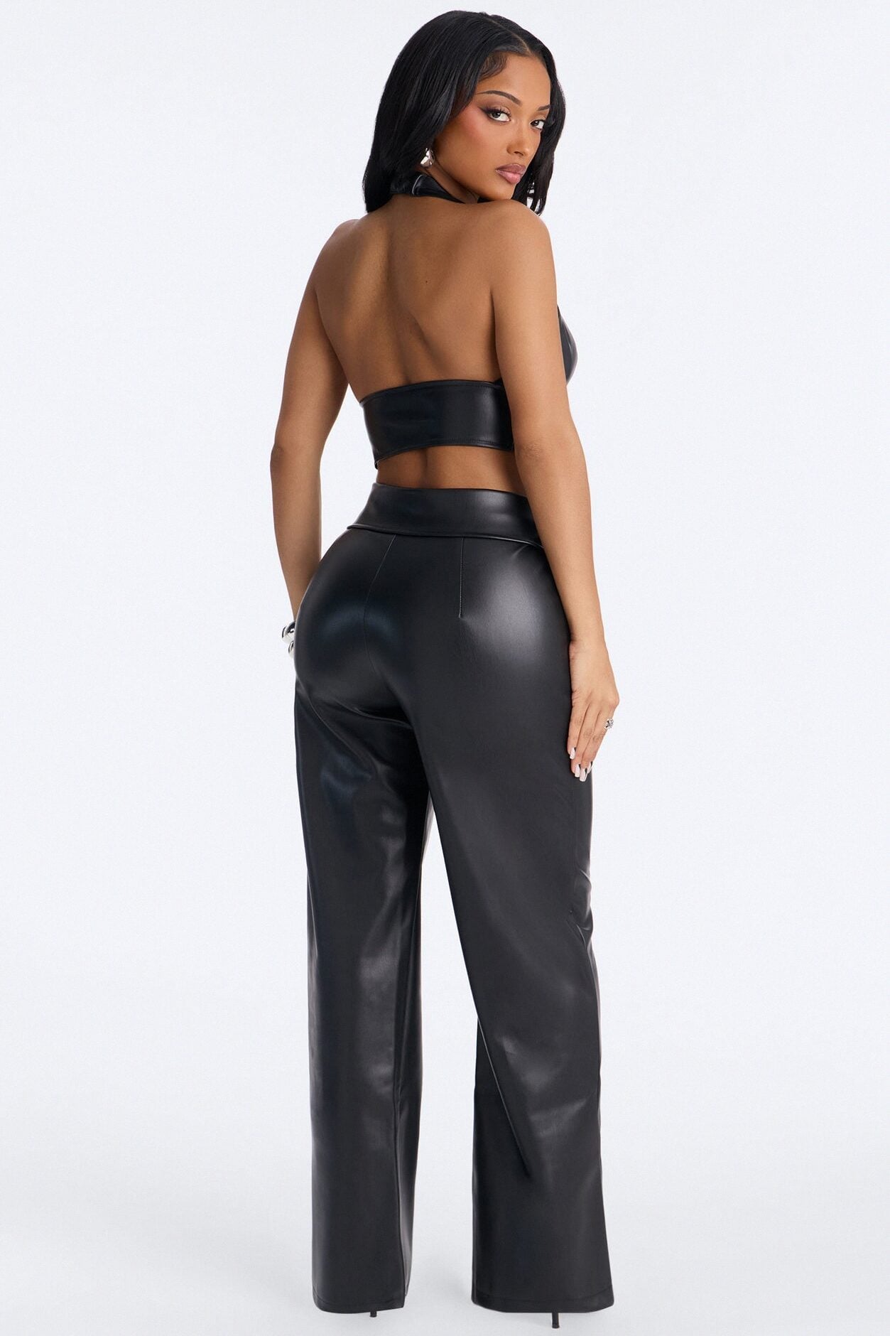 Out For The Night Faux Leather Halter Pant Set - Black image 4