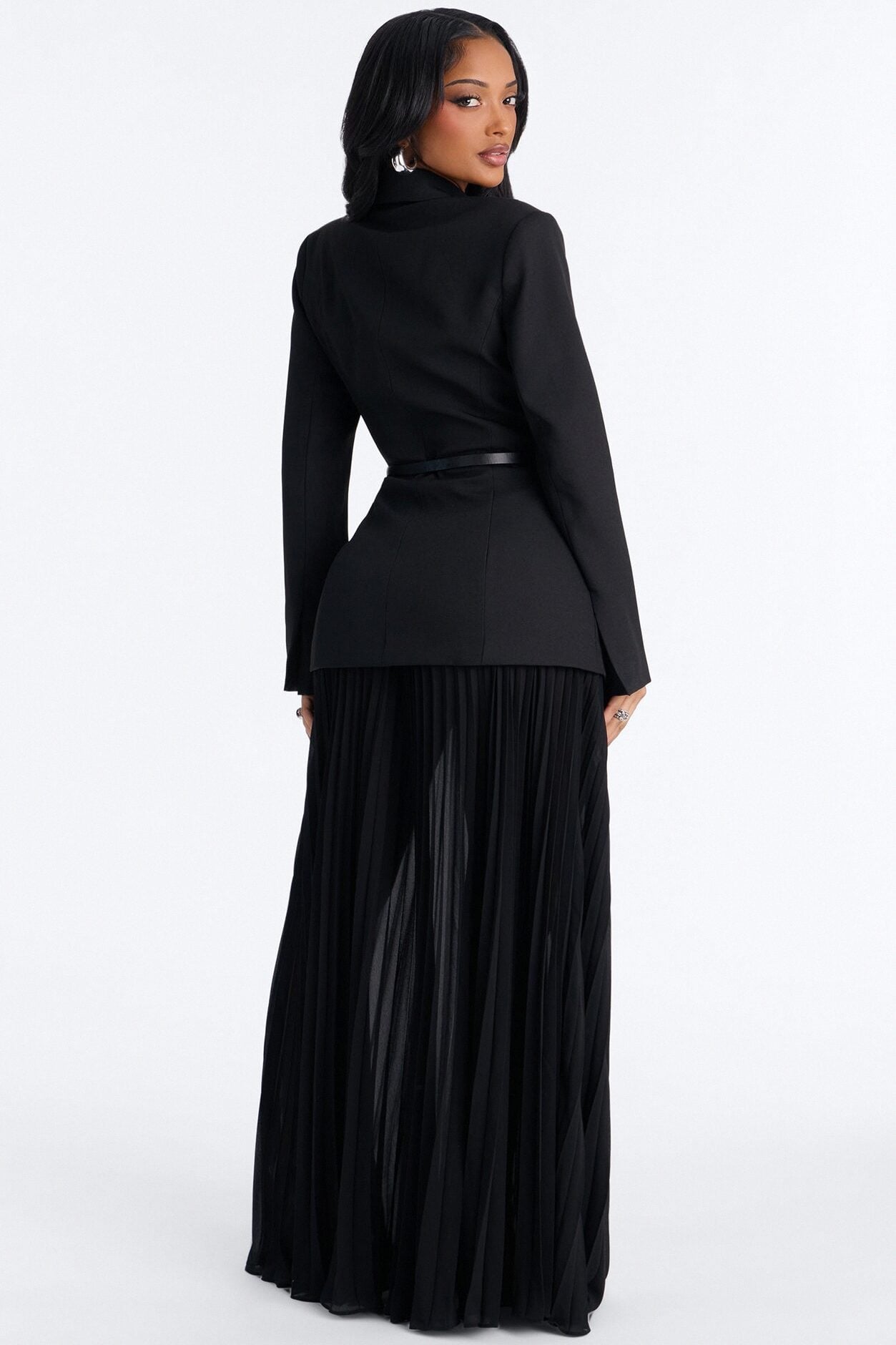 Aria Belted Long Sleeve Blazer Pleated Skirt Set - Black image 4