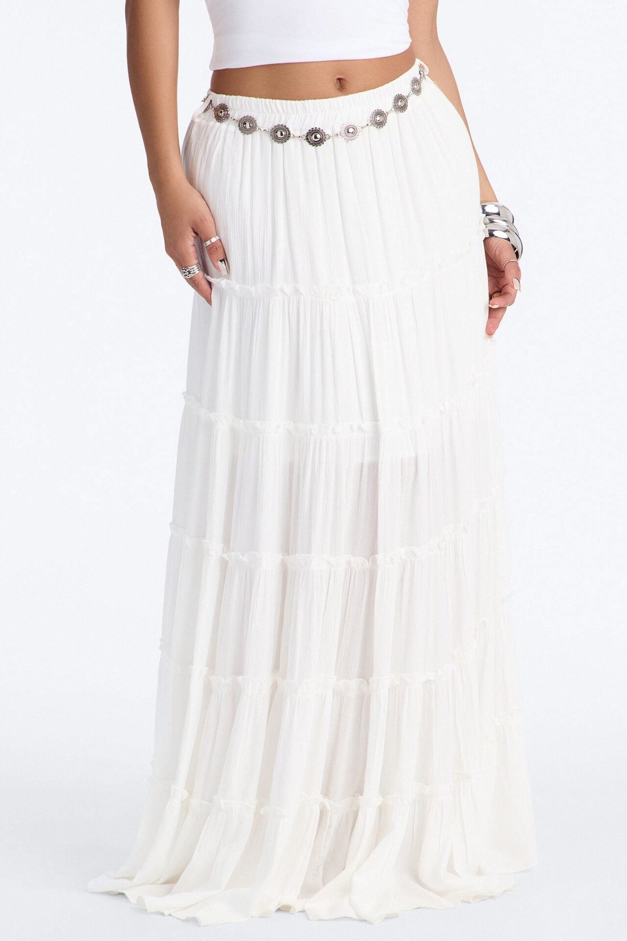 Free Spirit Low Rise Belted Tiered Maxi Skirt - White image 2