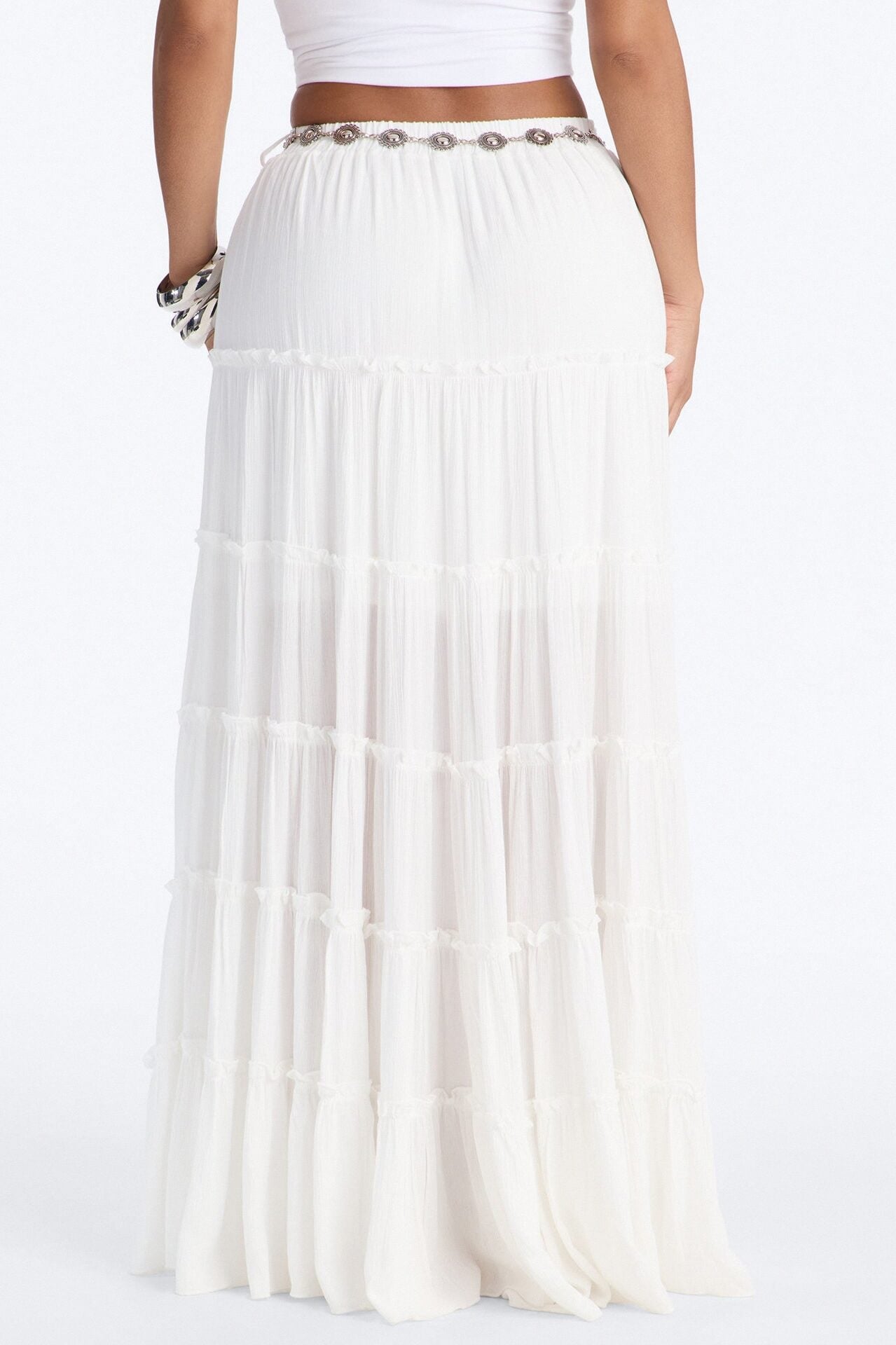 Free Spirit Low Rise Belted Tiered Maxi Skirt - White image 4