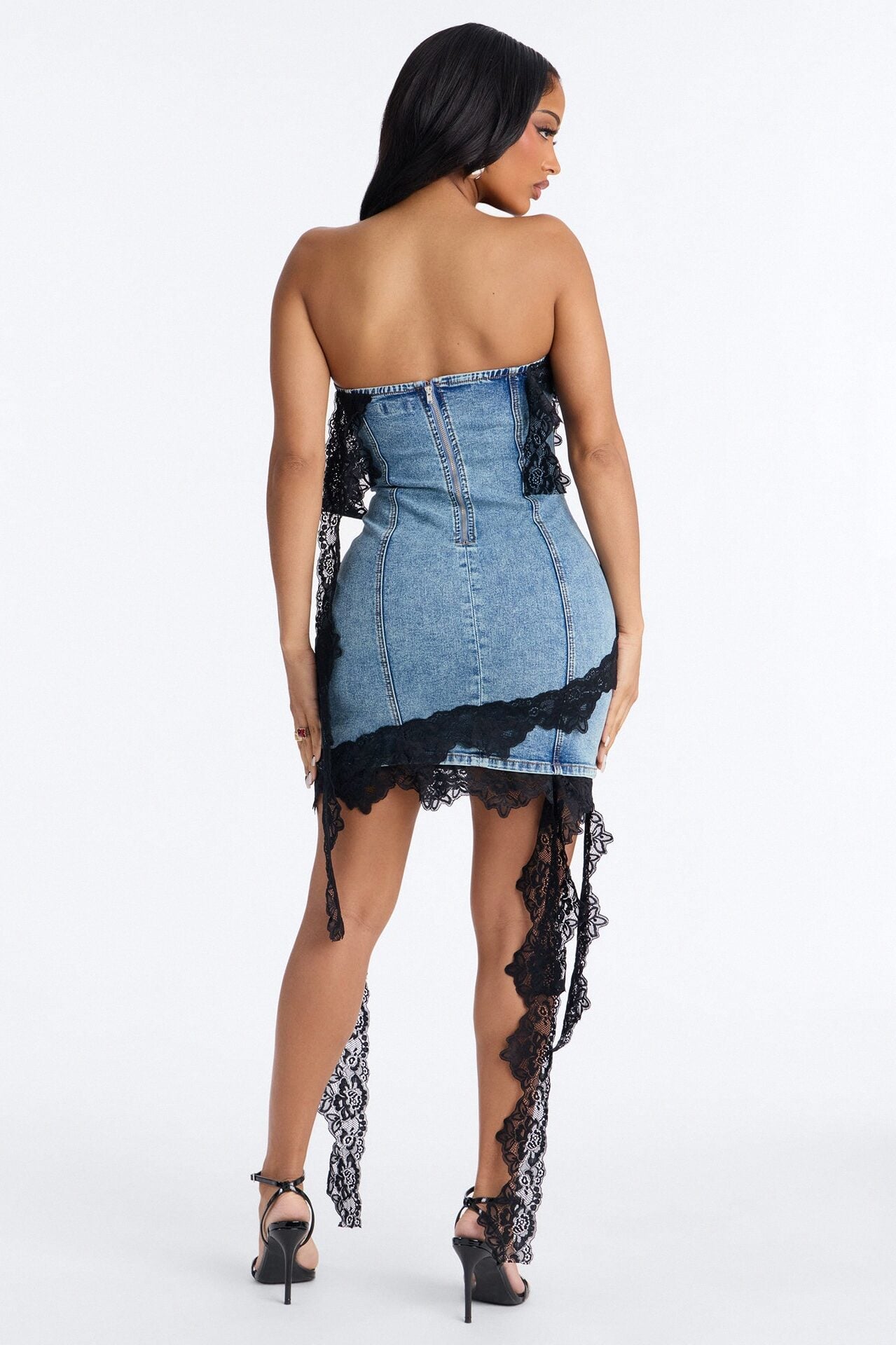 Lizzie Lace Trim Stretch Denim Mini Dress - Medium Wash image 4