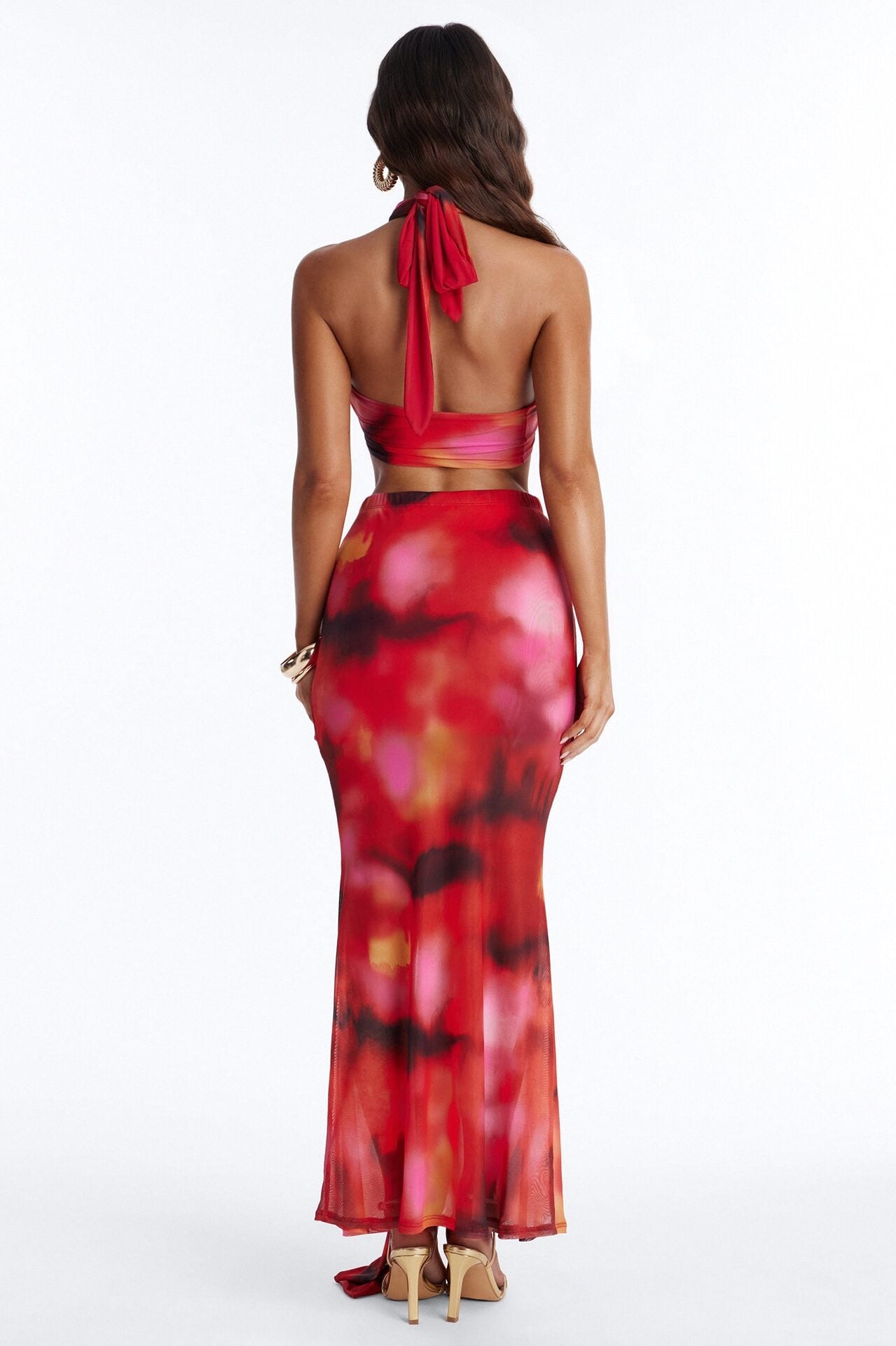 Darci Mesh Halter Maxi Skirt Set - Red/combo image 4