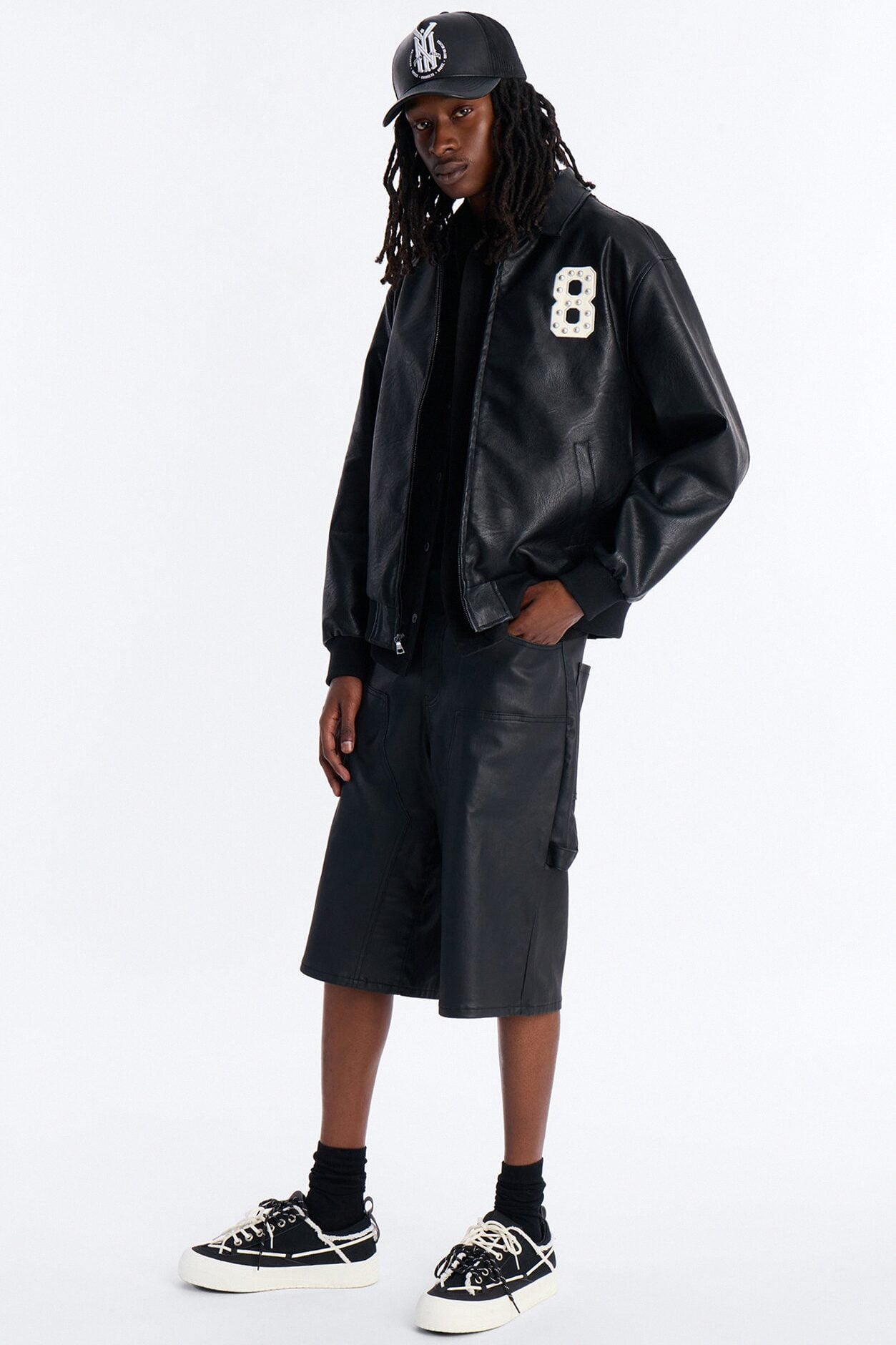 Crimson Blessed Faux Leather Studded Bomber Jacket - Black image 2
