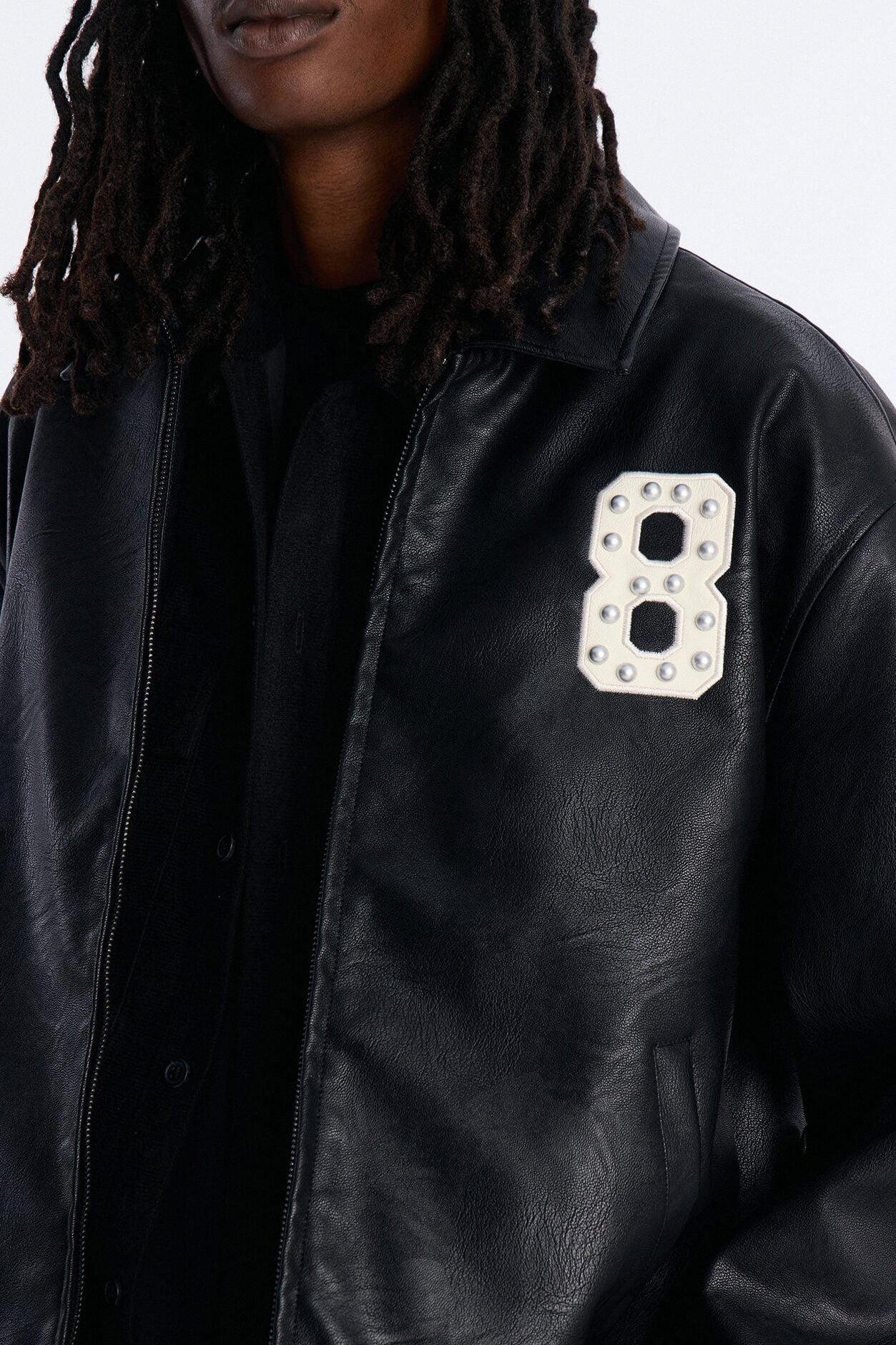 Crimson Blessed Faux Leather Studded Bomber Jacket - Black image 3
