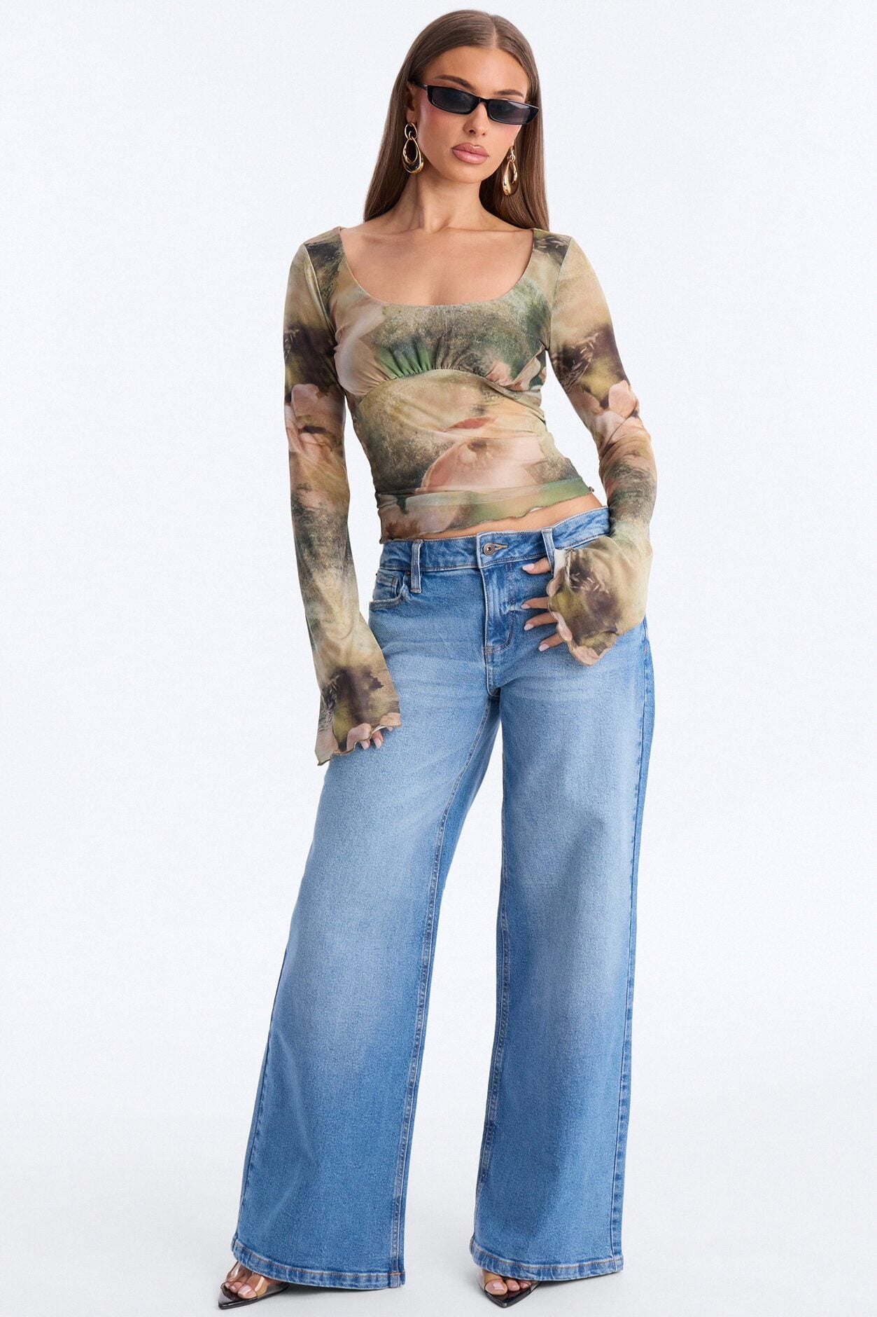 Garden Kiss Mesh Scoop Neck Long Sleeve Top - Green/combo image 2