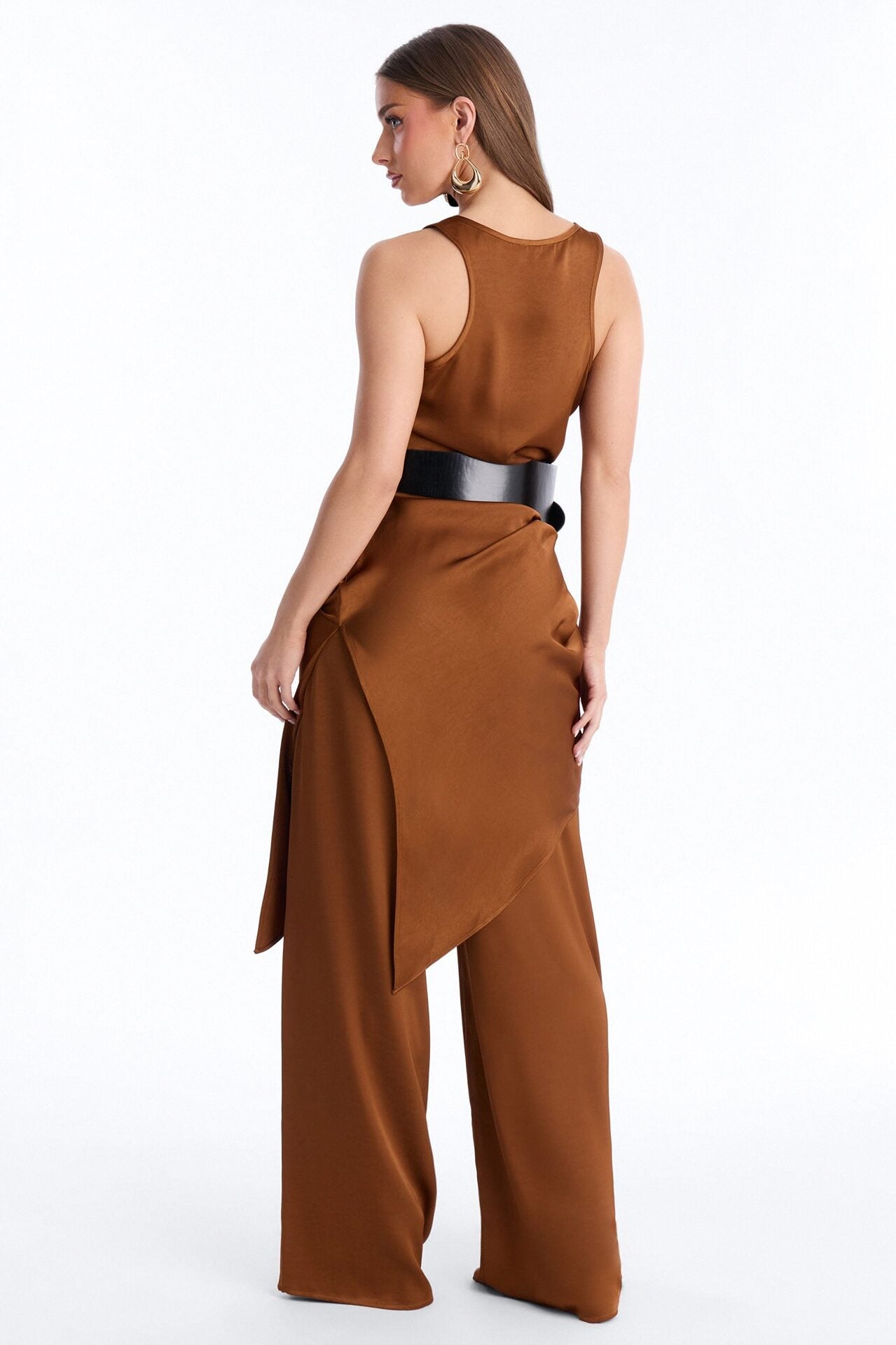 Oh So Chic Belted 3 Piece Satin Pant Set - Bronze image 4