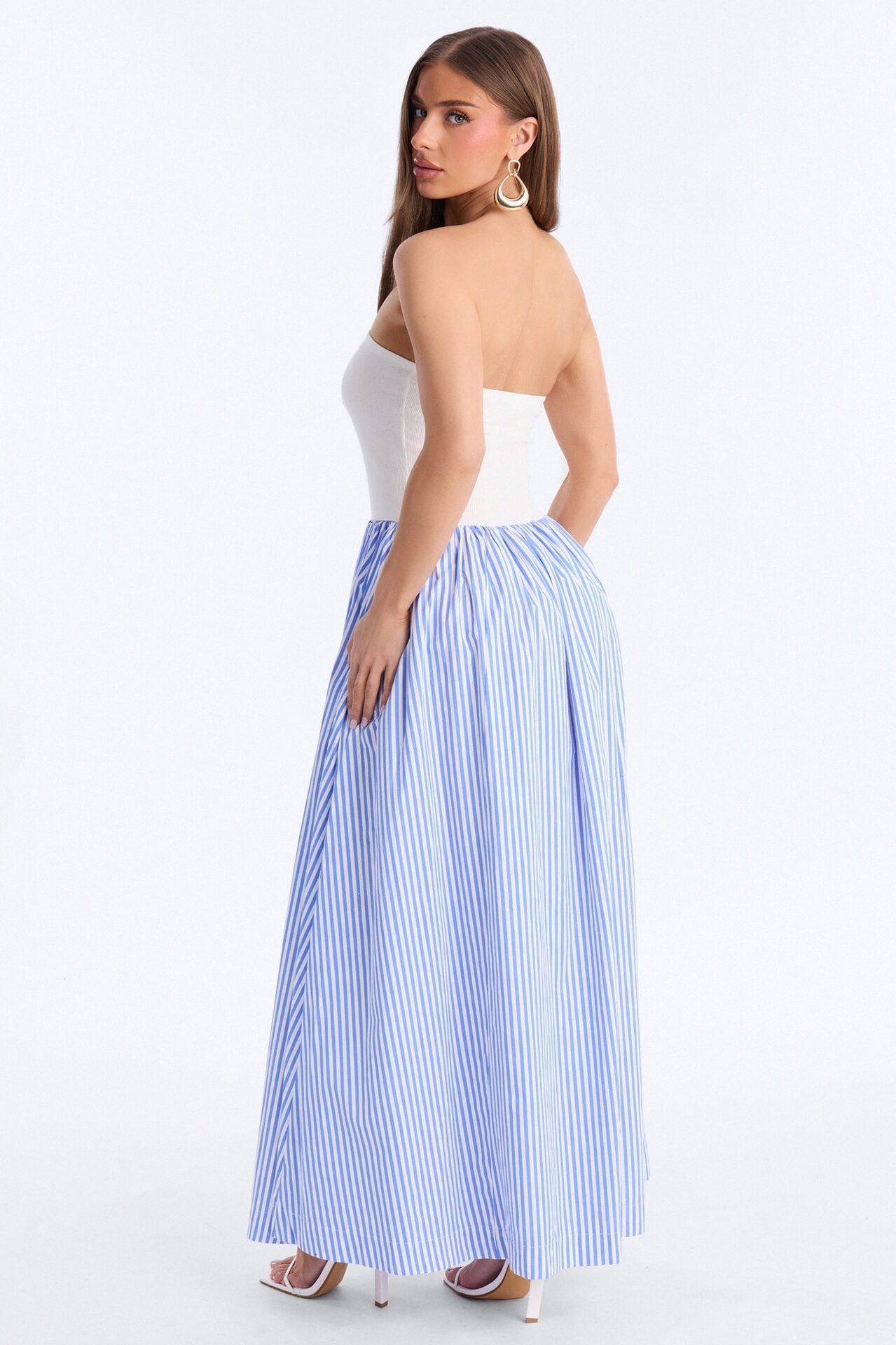 Kaia Strapless Poplin Maxi Dress - White/Blue image 3