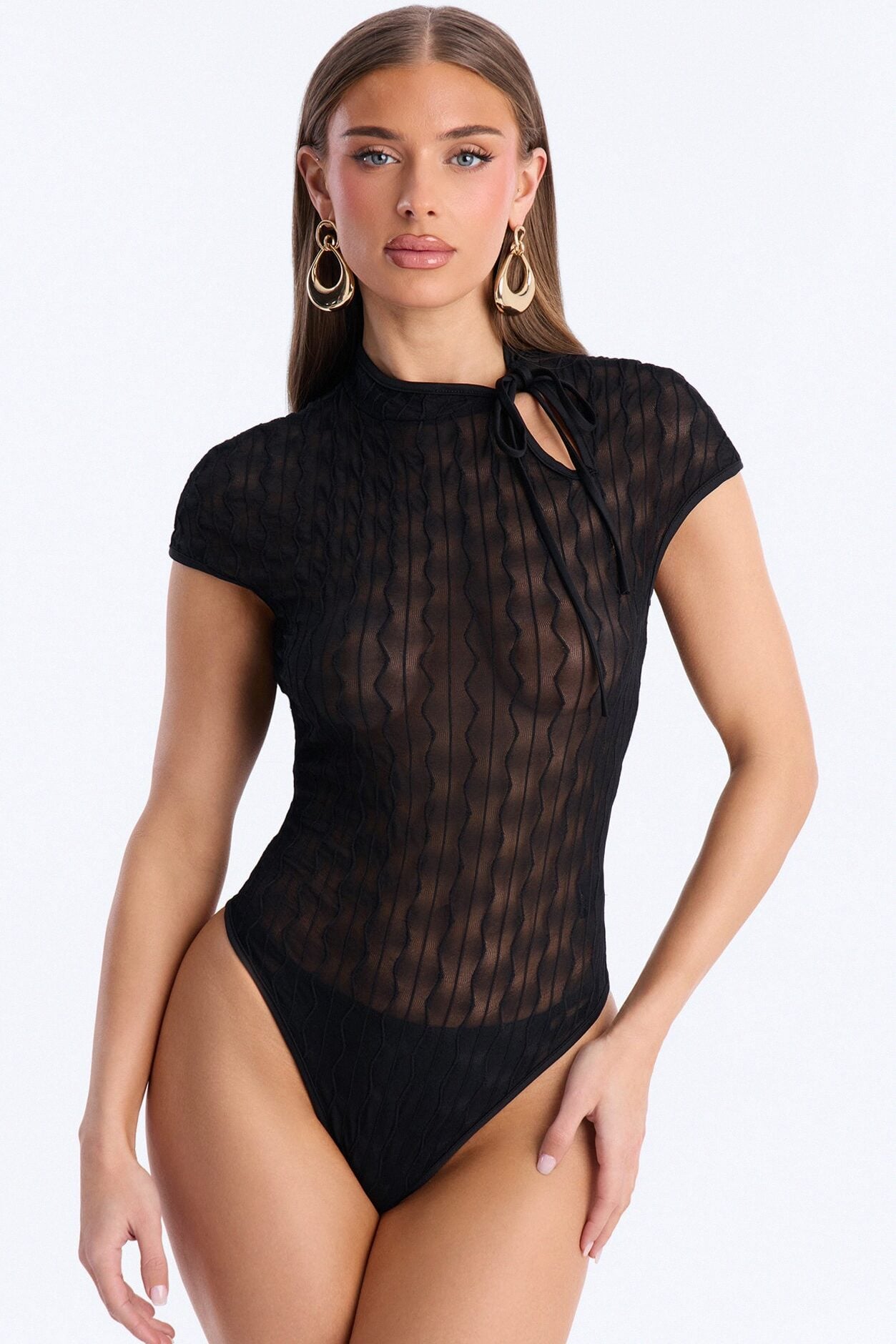 Nayeli Sheer Mesh Short Sleeve Bodysuit - Black image 2
