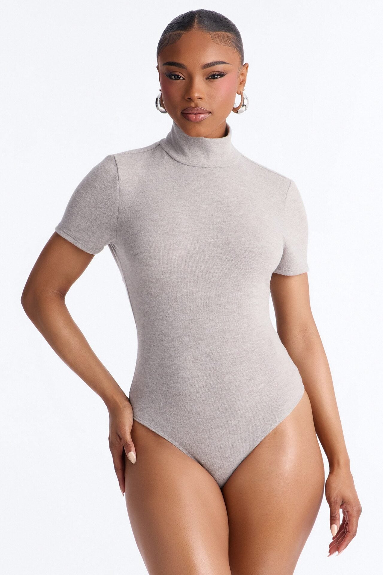 Marenna Mock Neck Short Sleeve Hacci Bodysuit - Grey image 3