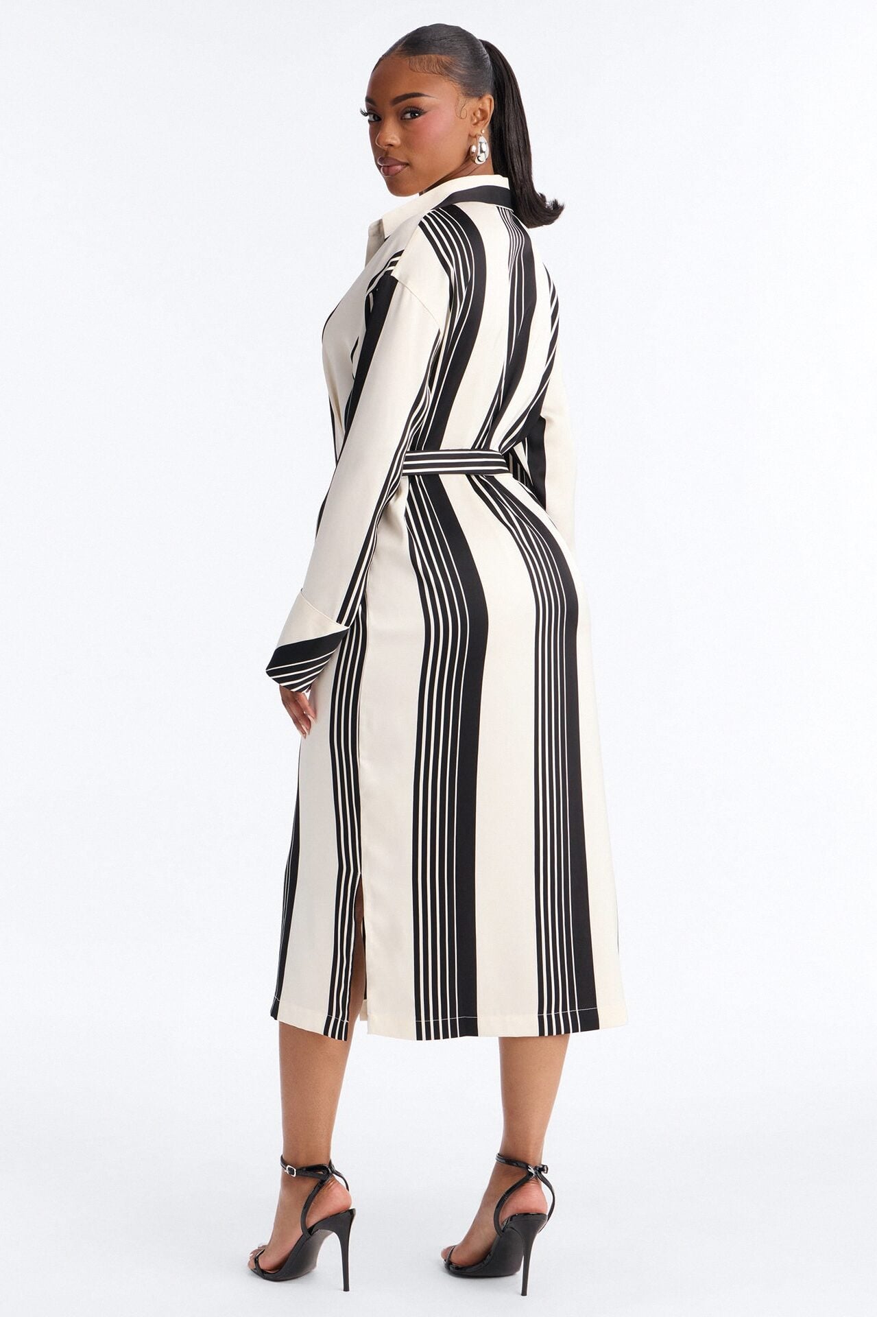 Harlow Striped Satin Shirt Midi Dress - White/Black image 5