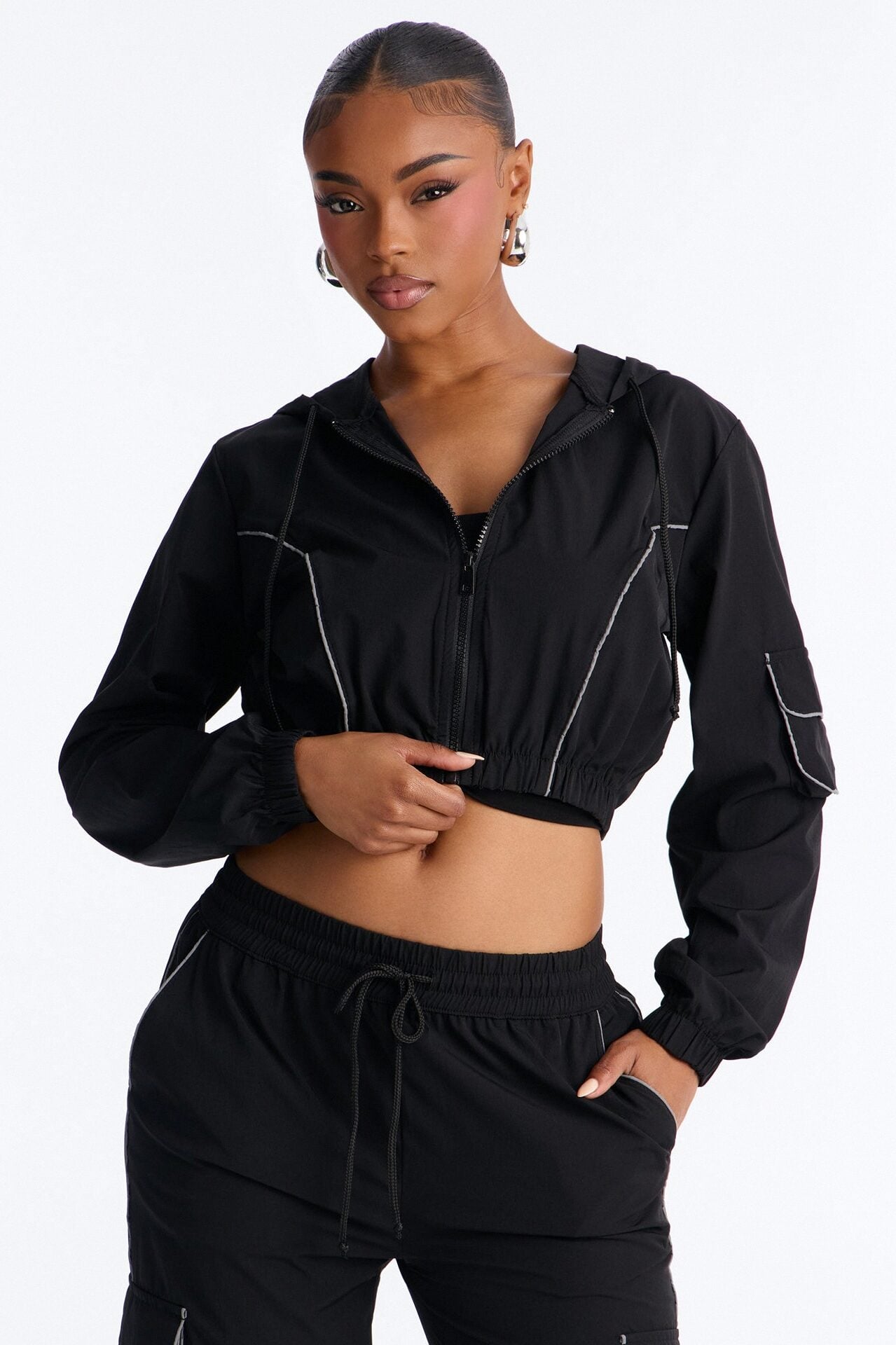 Nessa Nylon Cargo Hoodie Jogger Set - Black image 2