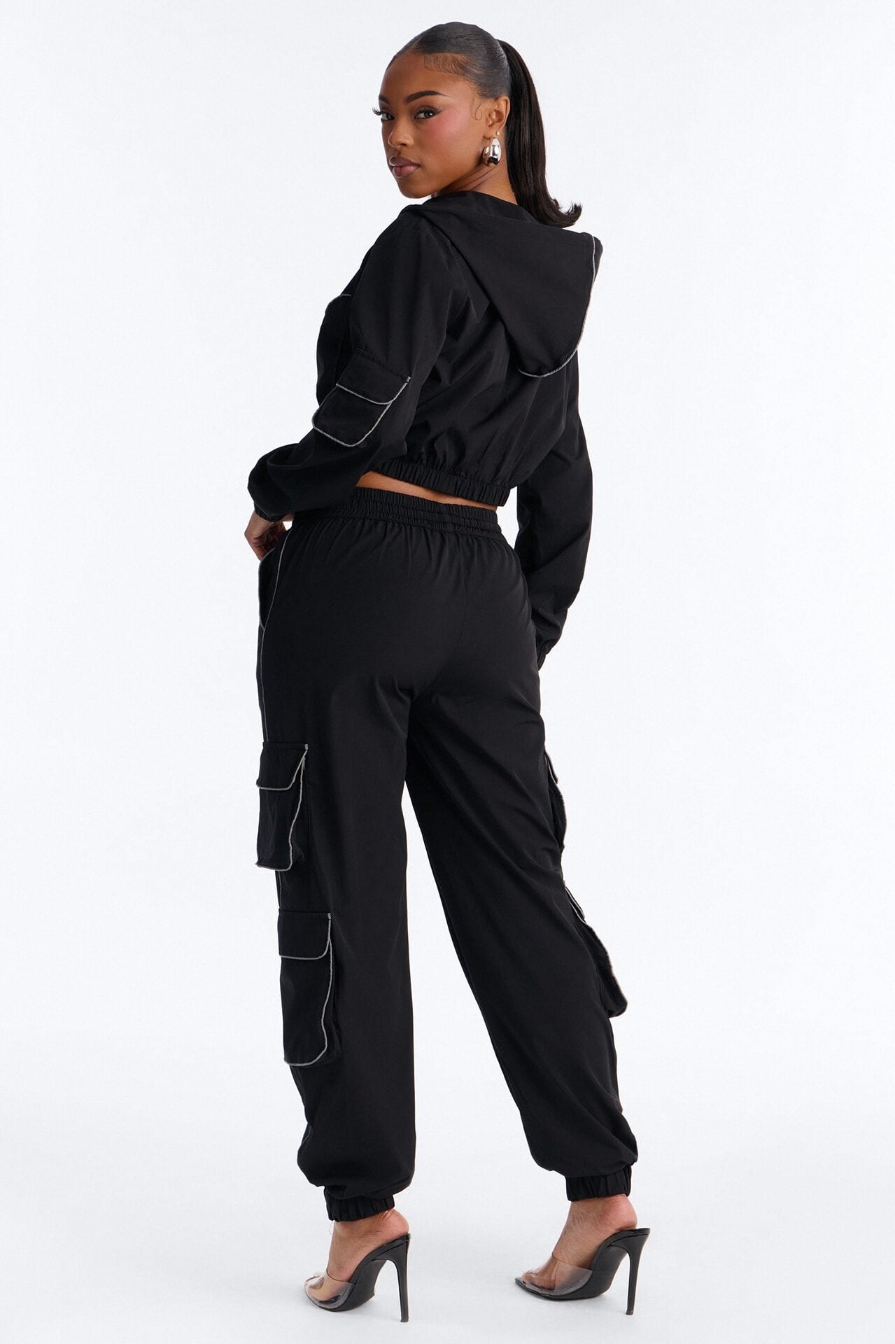 Nessa Nylon Cargo Hoodie Jogger Set - Black image 5