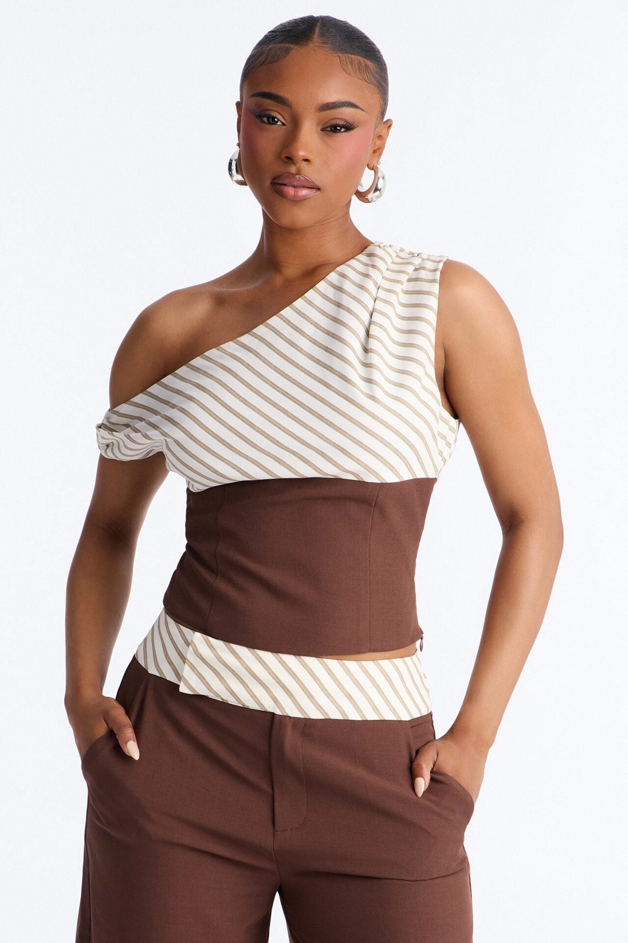 Georgia Striped Off The Shoulder Pant Set - Brown image 2