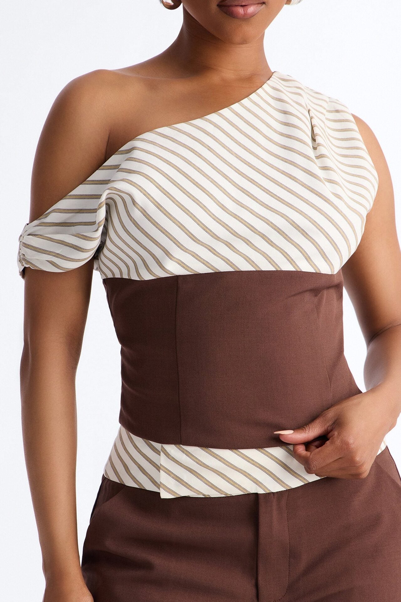 Georgia Striped Off The Shoulder Pant Set - Brown image 3