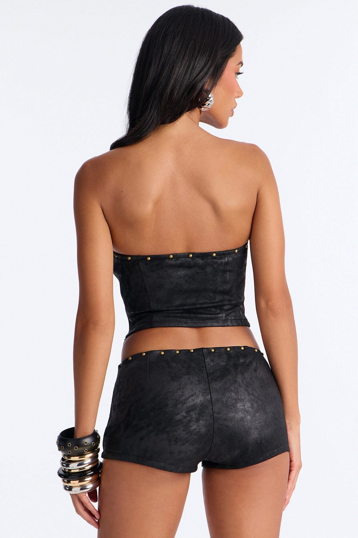 Tessa Corset Faux Suede Studded Short Set - Black image 4
