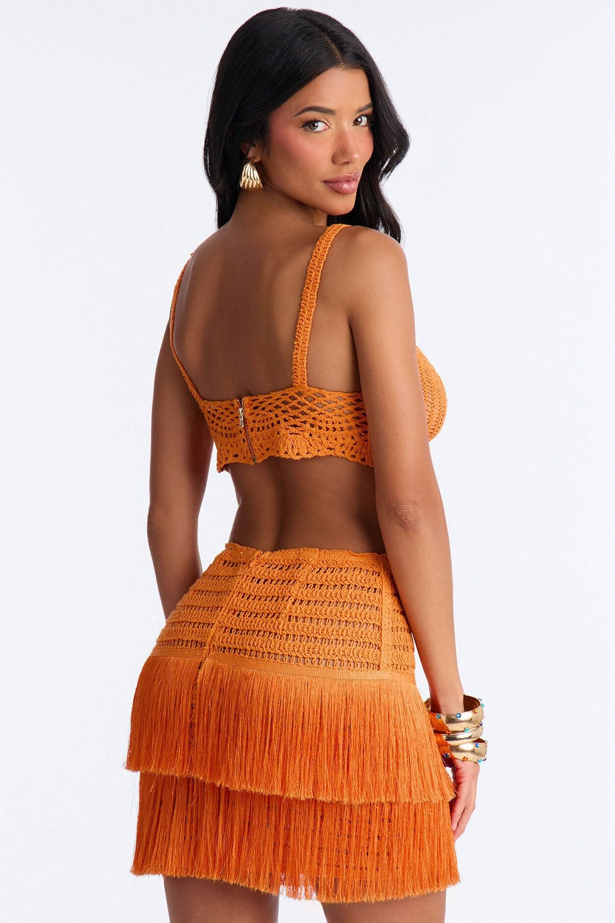 Coastal Crush Crochet Fringe Mini Skirt Set - Orange image 4