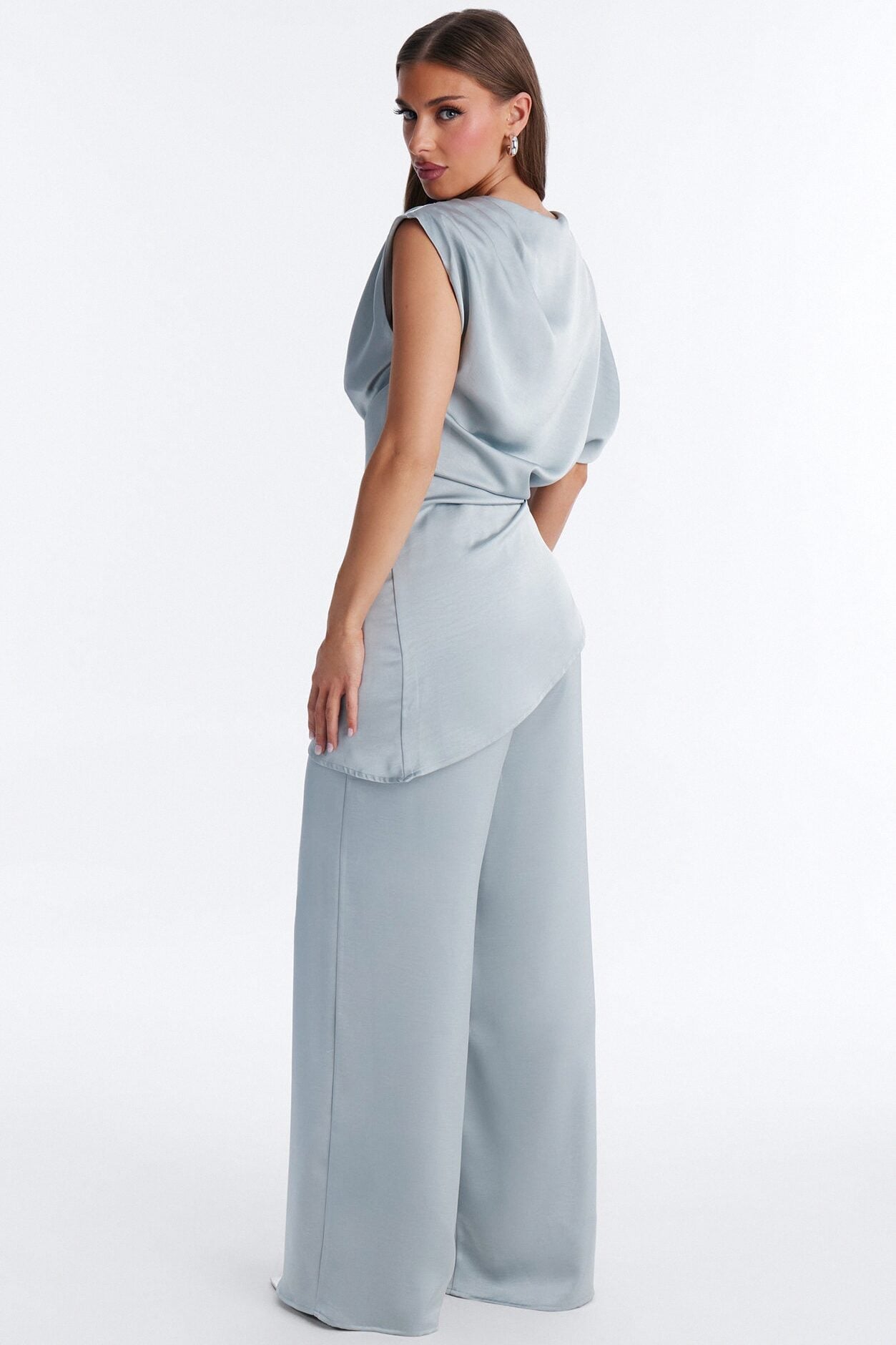 Mallory Satin Asymmetrical Pant Set - Dusty Blue image 4