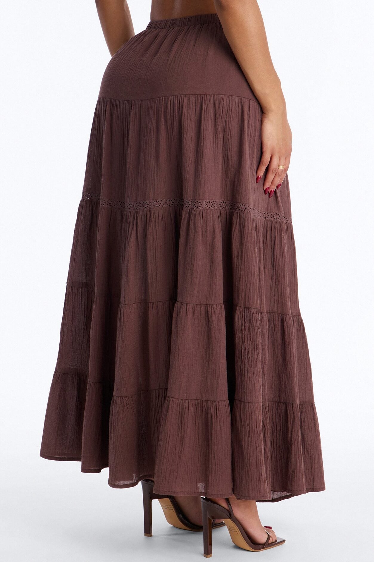 Bohemian High Slit Tiered Gauze Maxi Skirt - Brown image 3