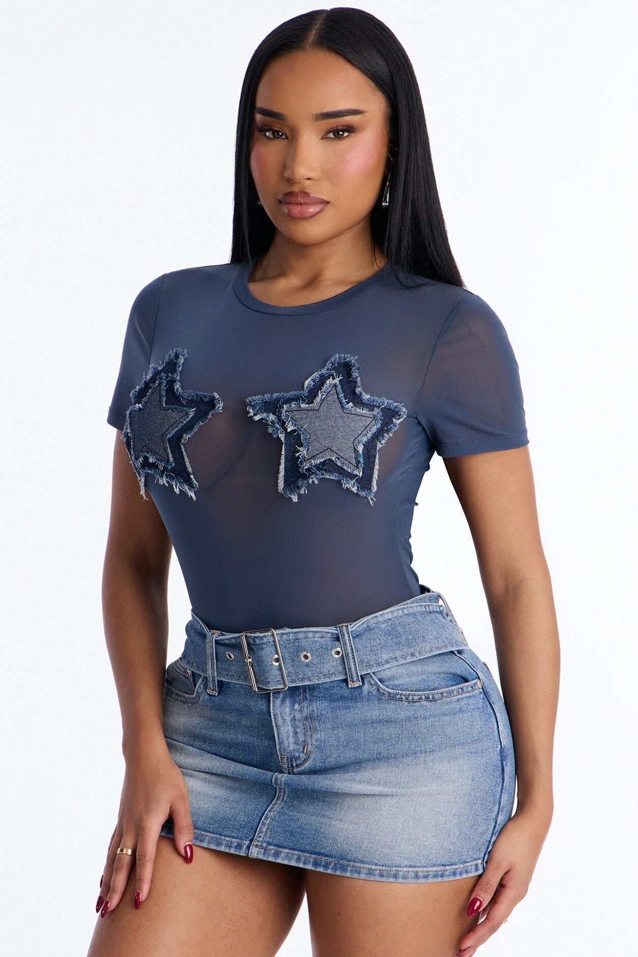 You're A Firework Mesh Bodysuit - Denim image 3