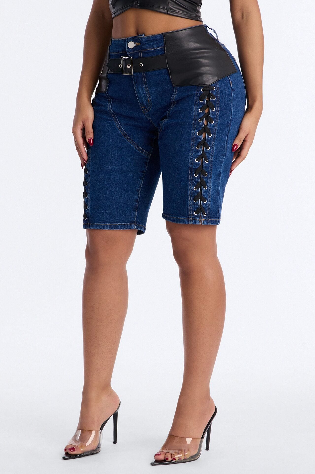 Show Stealer Lace Up Denim Bermuda Shorts - Dark Wash image 2