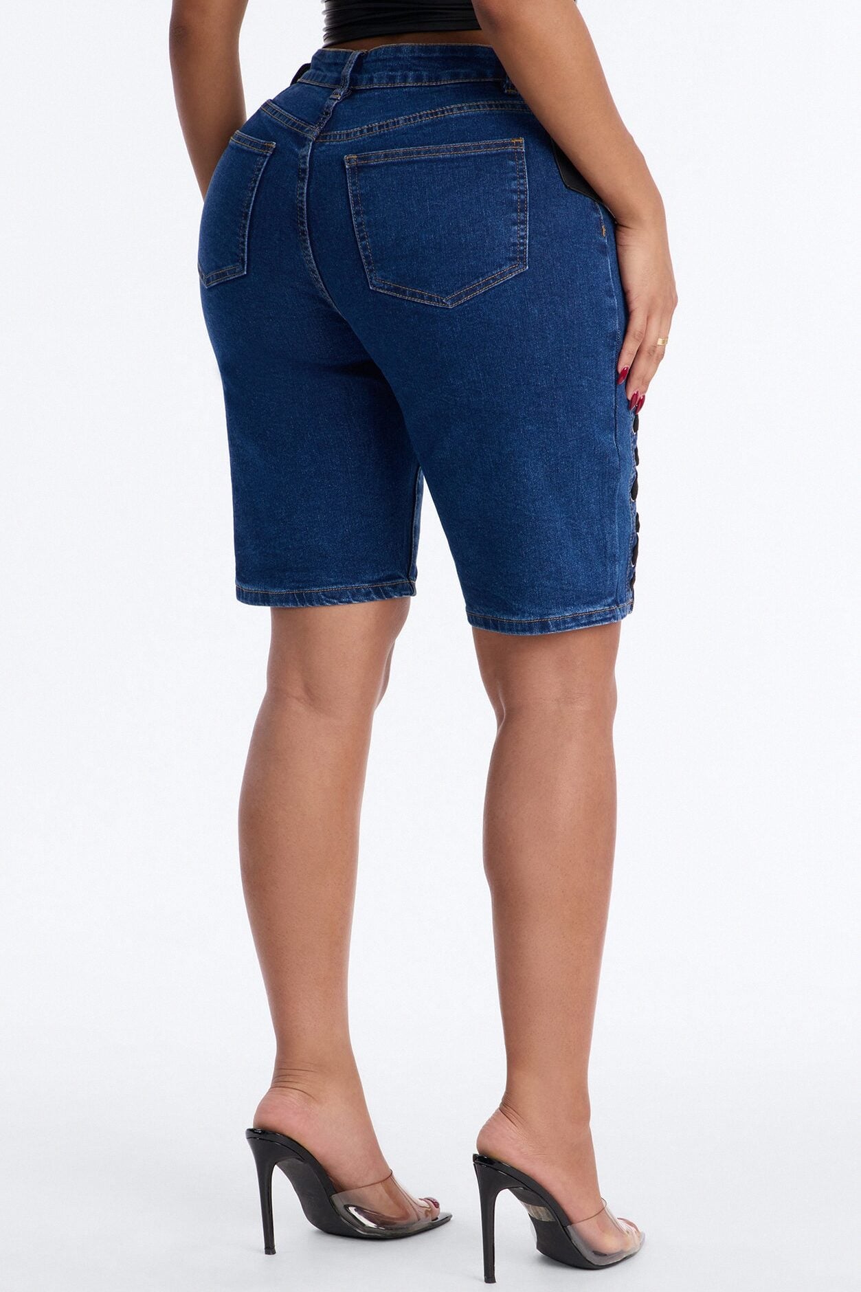 Show Stealer Lace Up Denim Bermuda Shorts - Dark Wash image 4