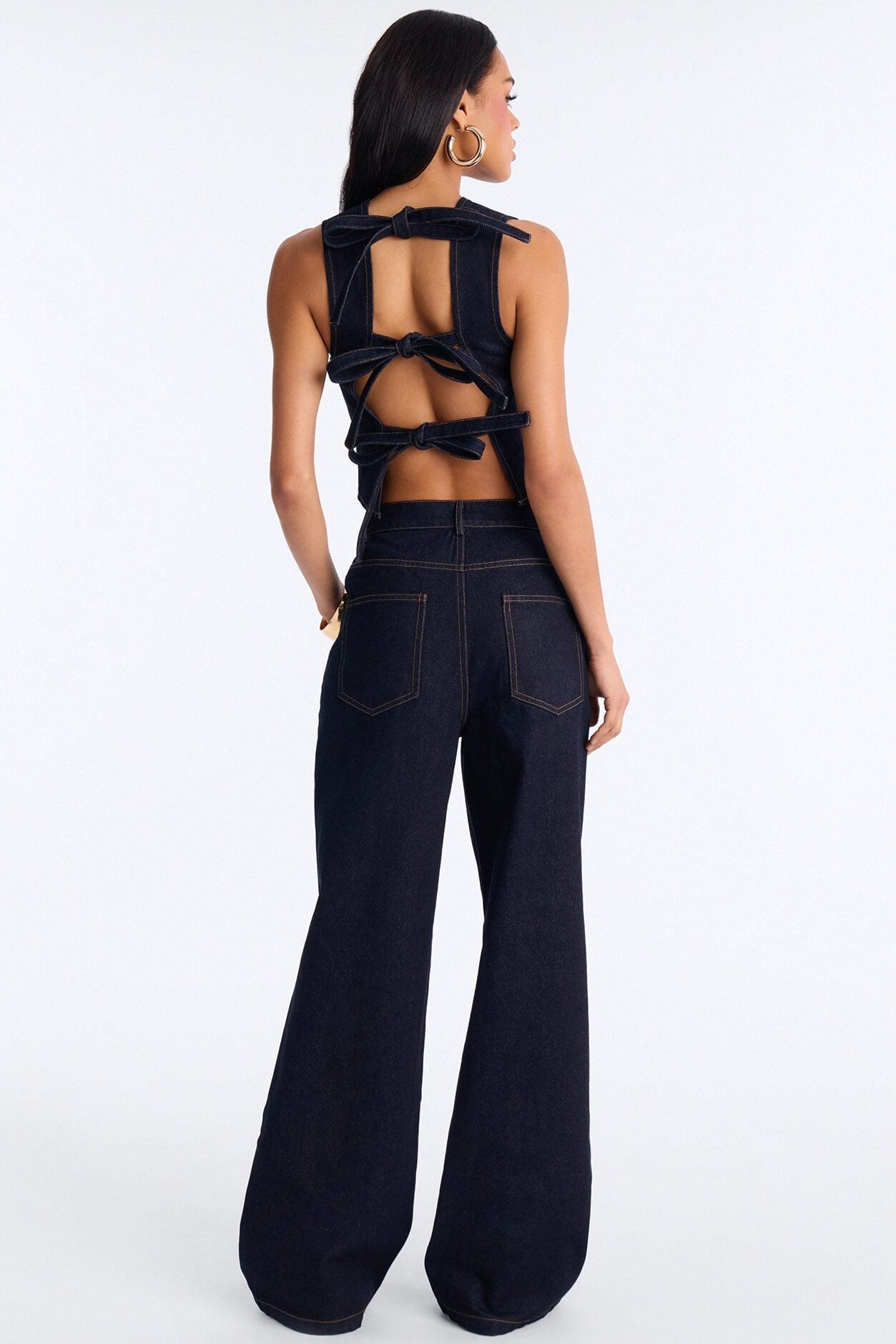 Kelsey Lace Up Back Denim Pant Set - Dark Wash image 3