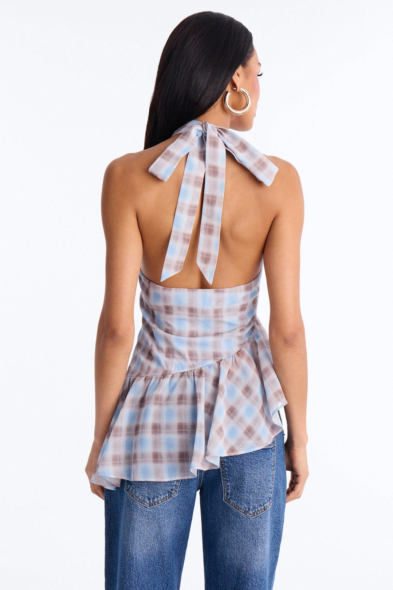 Afternoon Delight Ruffle Plaid Chiffon Halter Top - Blue/combo image 4