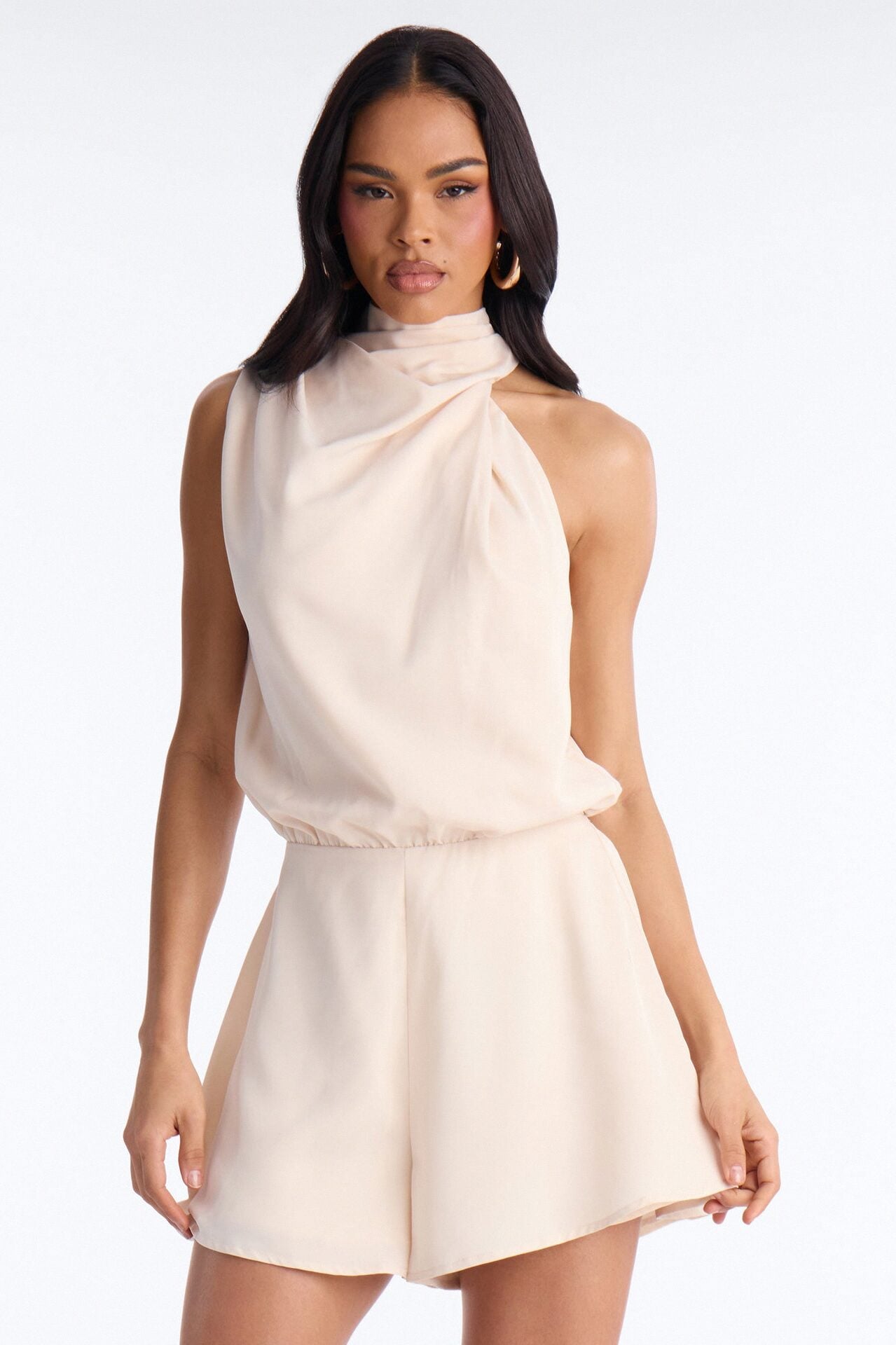 Rina Draped High Neck Romper - Cream image 2