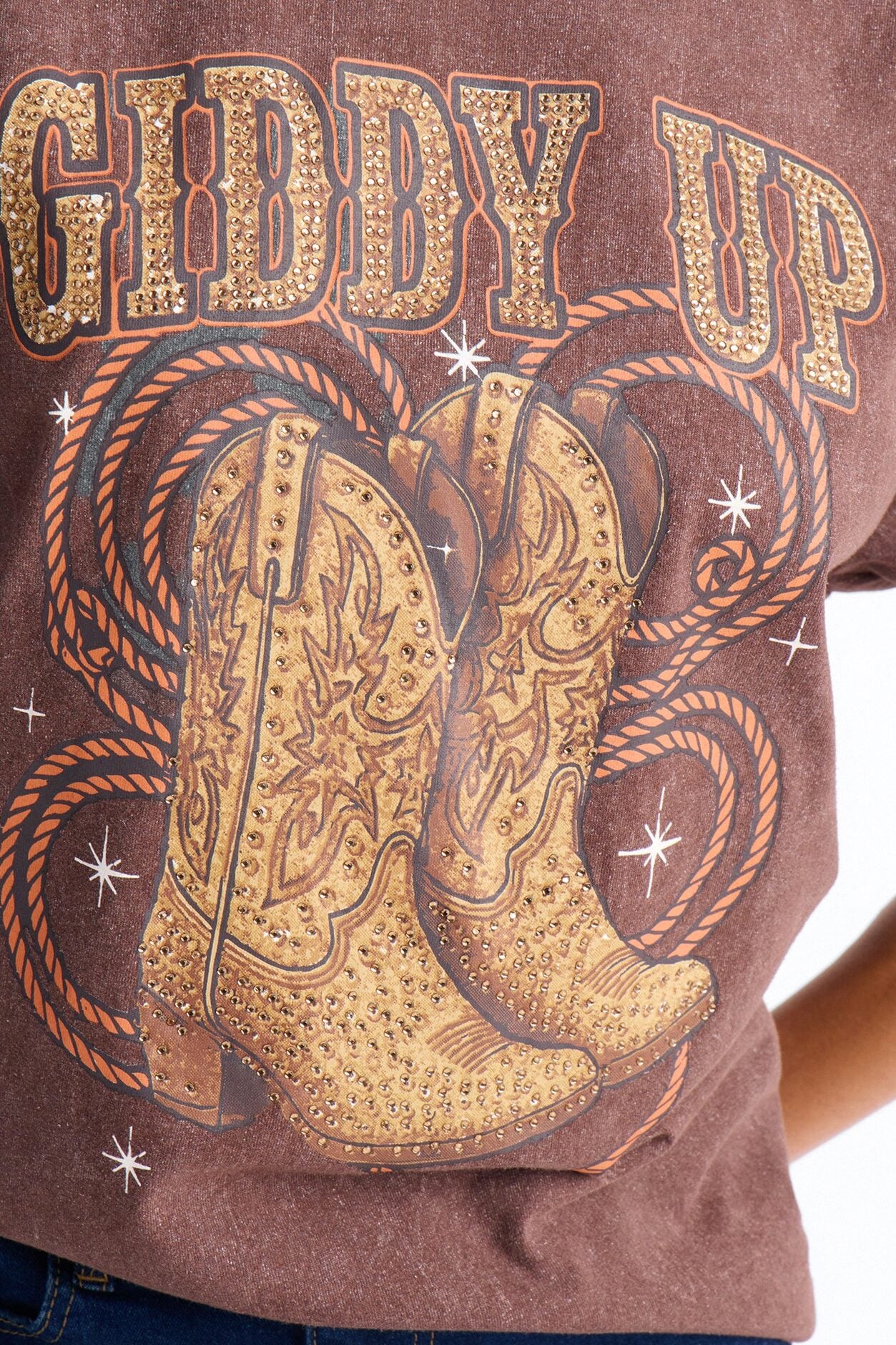 Giddy Up Boots Washed Tee With Rhinestones - Dark Brown image 3