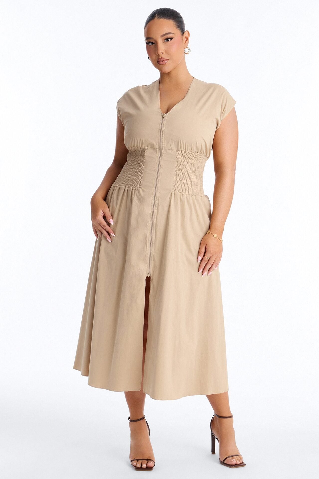Too Busy Cinched Waist Midi Dress - Taupe image 2