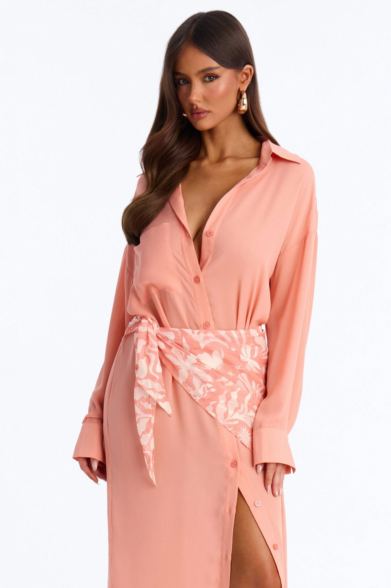Kaylah Scarf Waist Shirt Maxi Dress - Peach/combo image 2