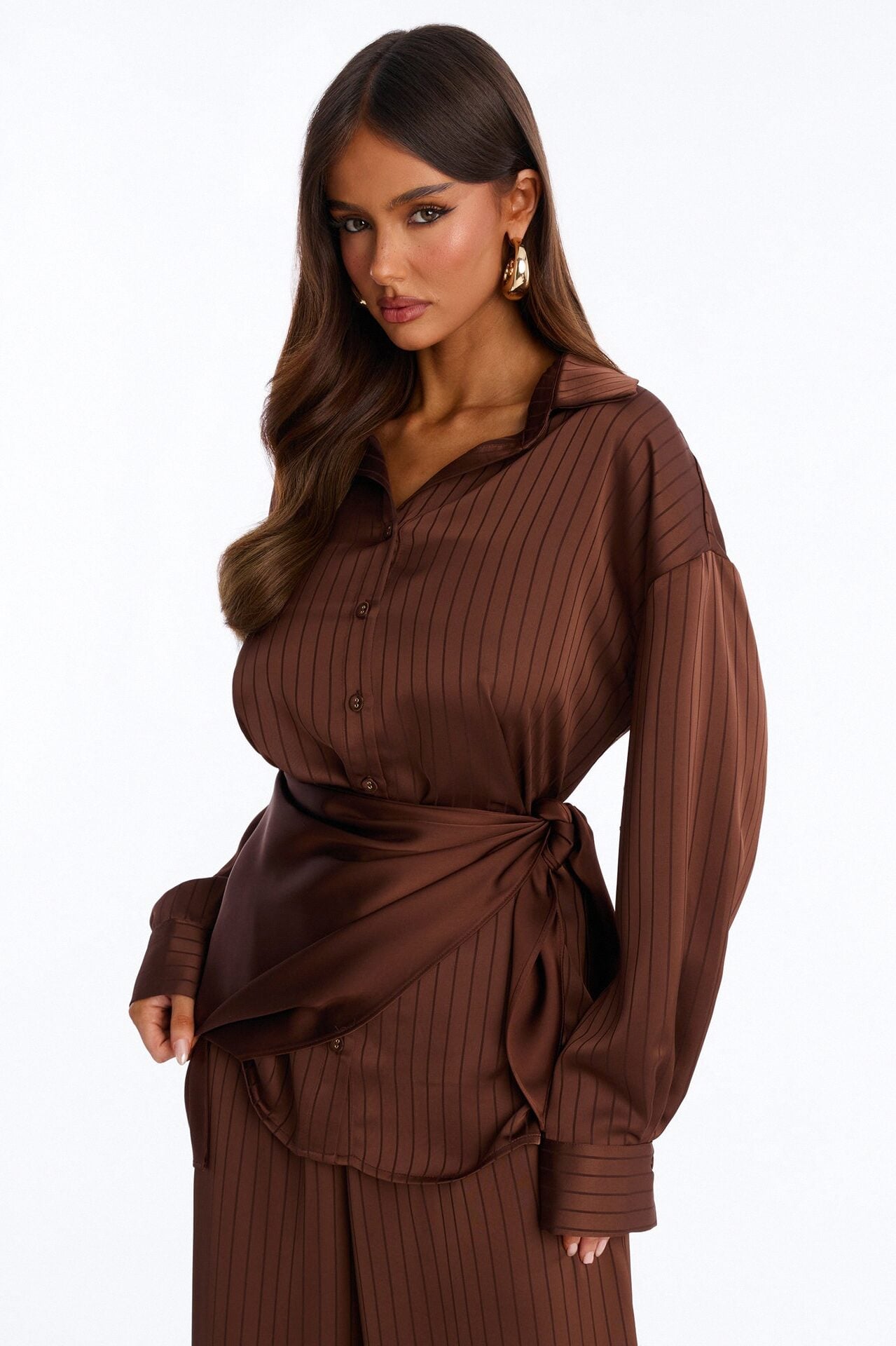 Lana Satin 3 Piece Scarf Pant Set - Chocolate image 2
